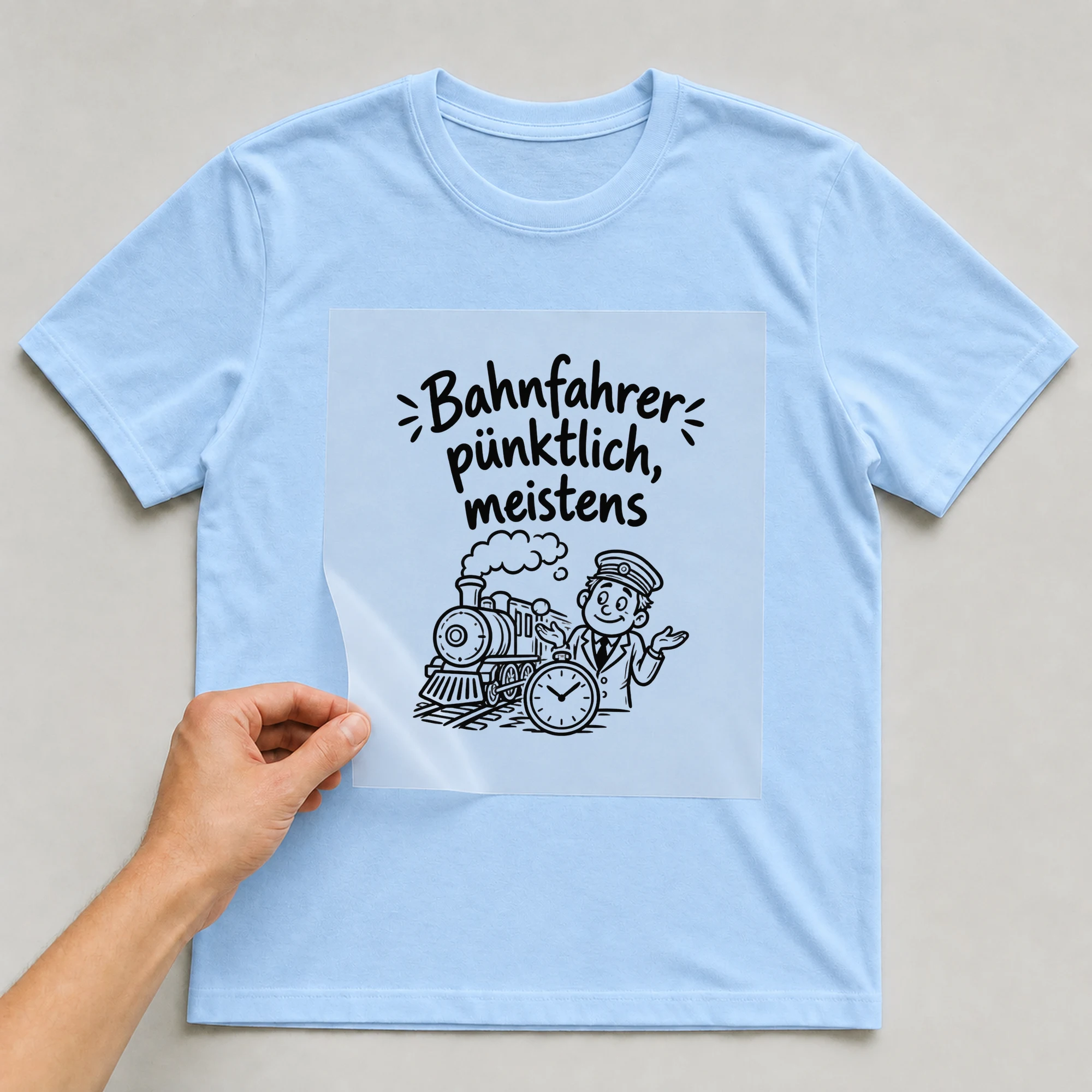 Bügelbild „Bahnfahrer pünktlich, meistens“ auf babyblauem T-Shirt, Folie wird aufgelegt