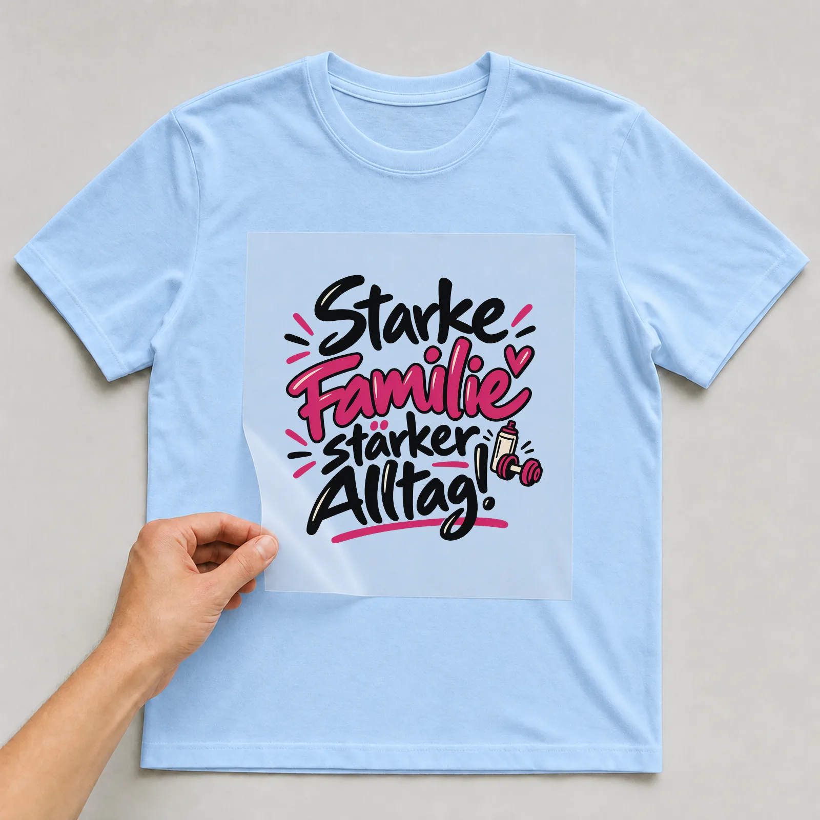 Bügelbild „Starke Familie stärker im Alltag!“ auf hellblauem T-Shirt, Folie wird aufgelegt