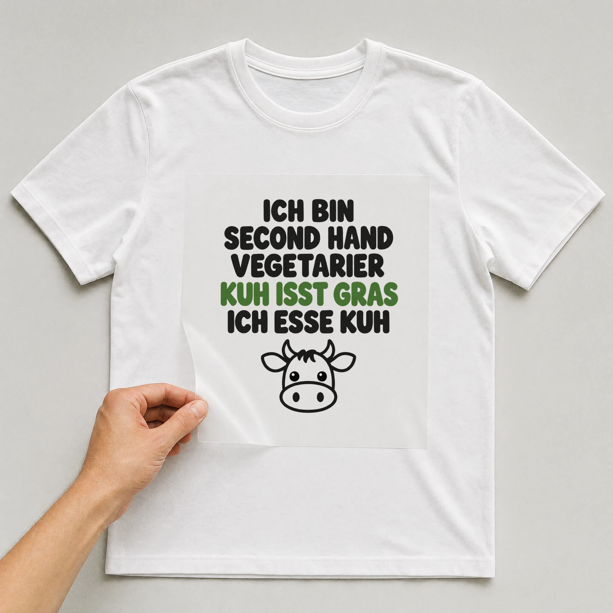 Bügelbild „Ich bin second Hand Vegetarier Kuh isst Gras ich esse Kuh“ auf weißem T-Shirt, Folie wird aufgelegt
