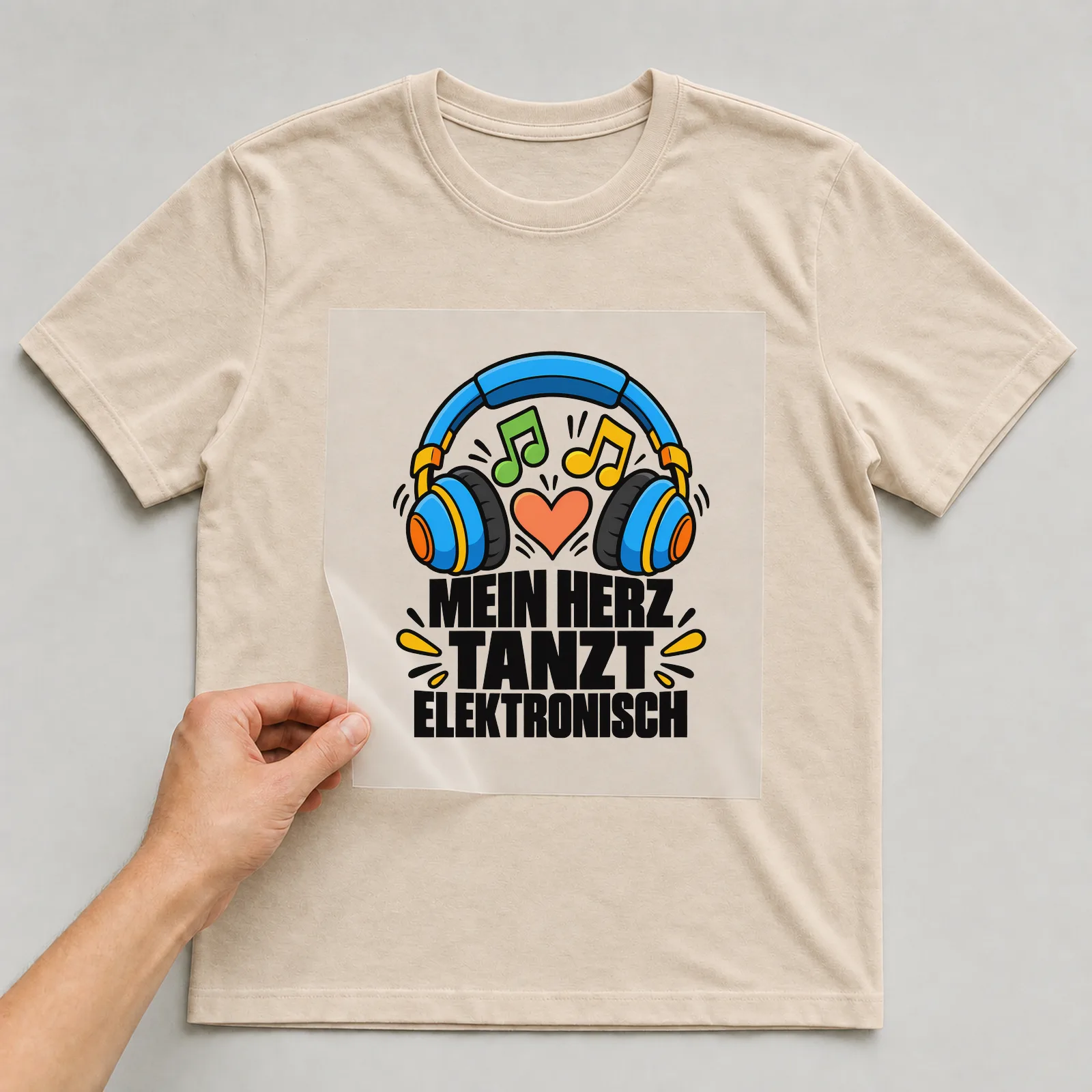Bügelbild „Mein Herz tanzt elektronisch“ auf beigem T-Shirt, Folie wird aufgelegt