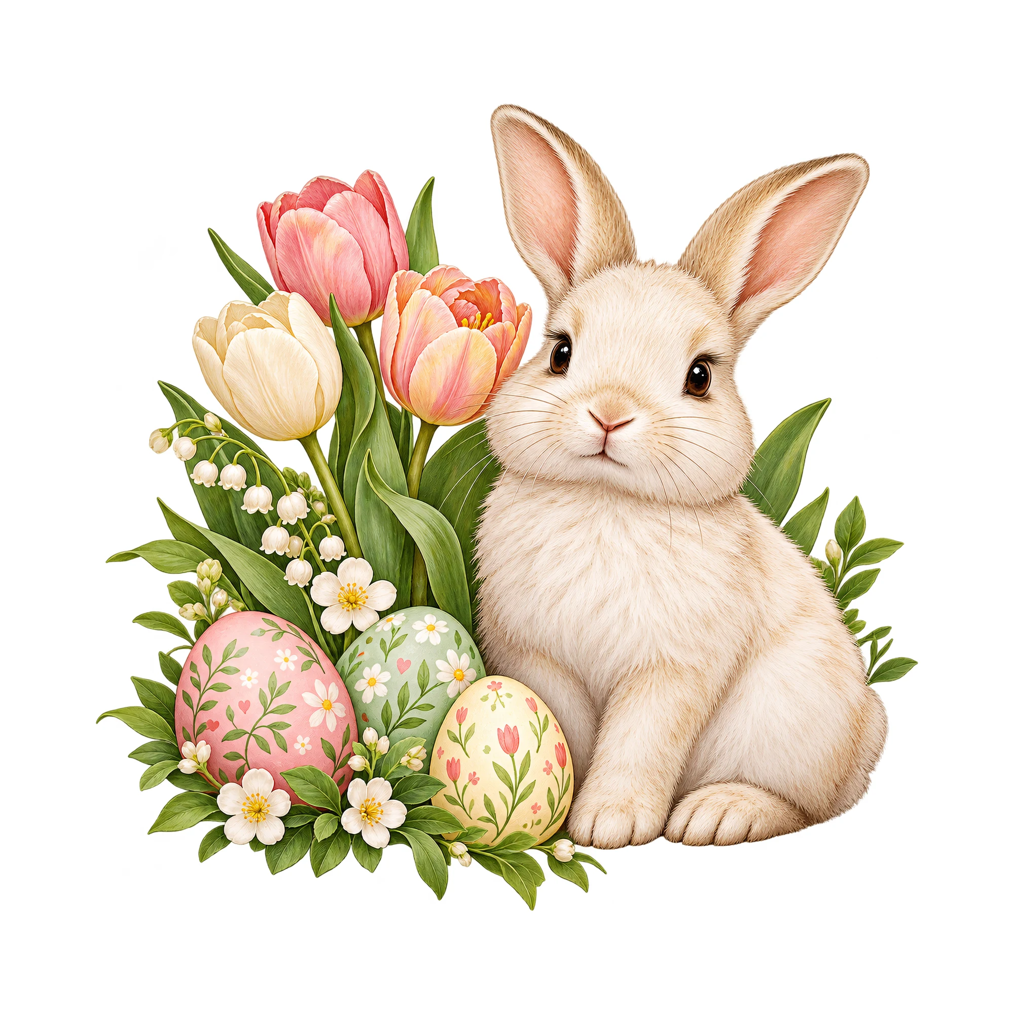 Bügelbild „Osterhase mit Blumen“, Tiere Shirt Motiv als Grafik auf weißem Hintergrund (BB019095)