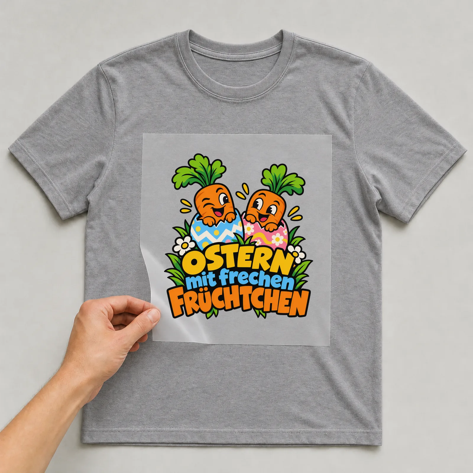 Bügelbild „Ostern mit frechen Früchtchen“ auf grauem T-Shirt, Folie wird aufgelegt