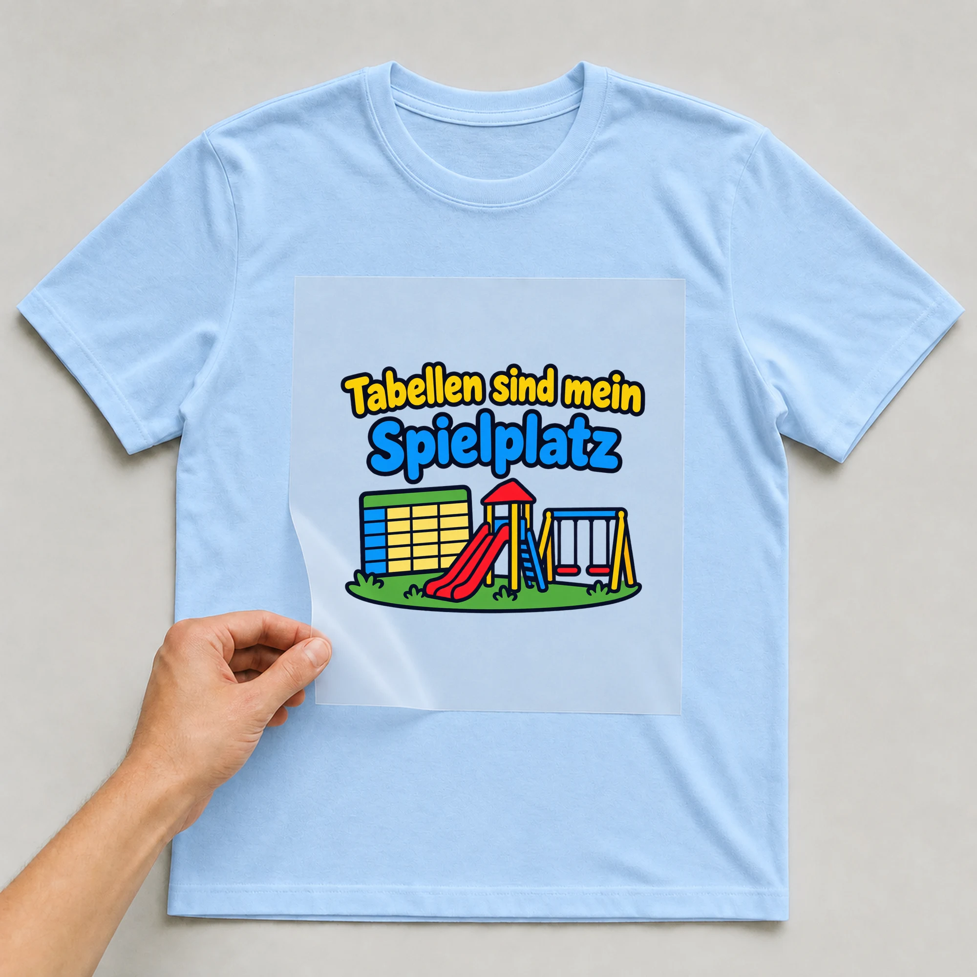 Bügelbild „Tabellen sind mein Spielplatz“ auf babyblauem T-Shirt, Folie wird aufgelegt