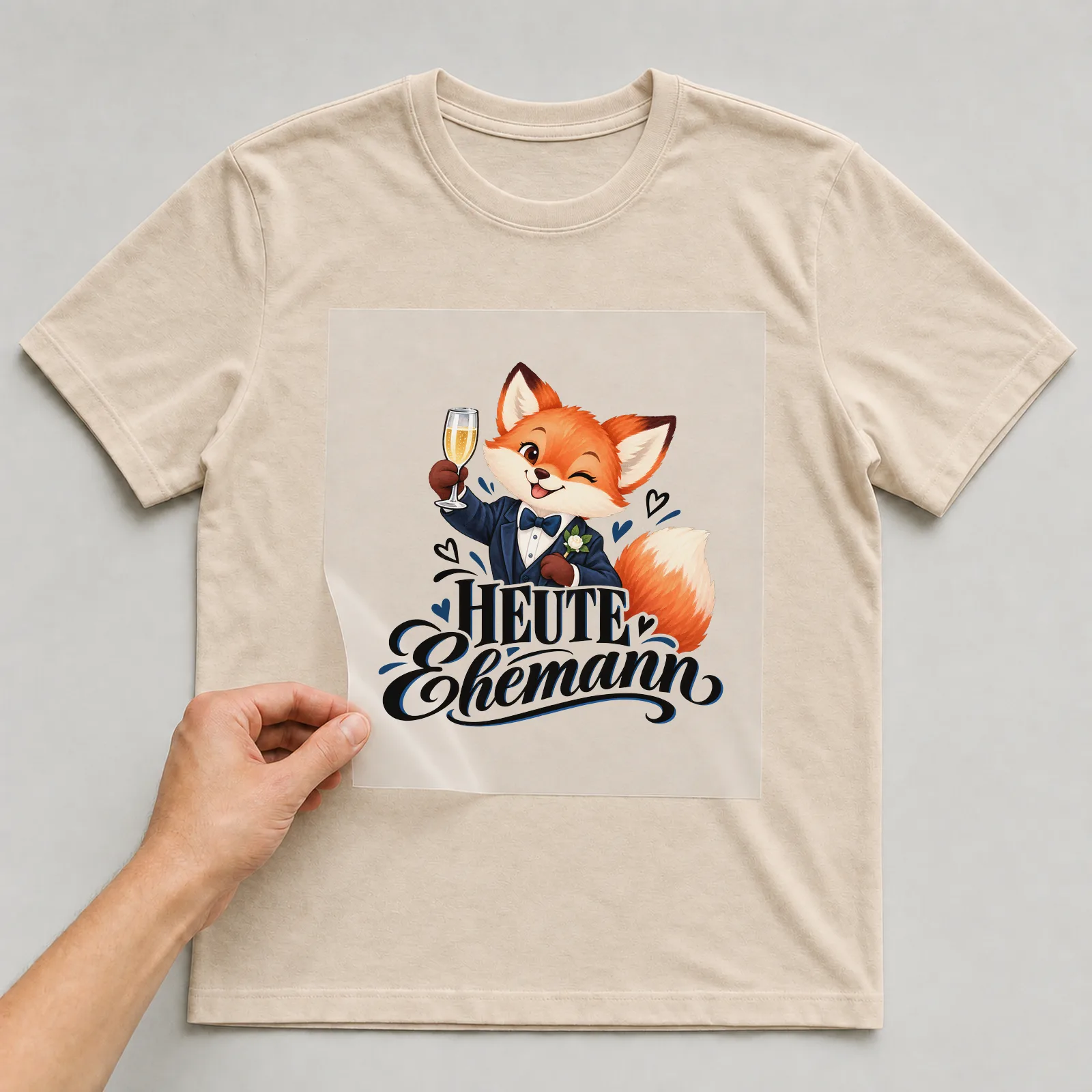 Bügelbild „Heute Ehemann“ auf beigem T-Shirt, Folie wird aufgelegt