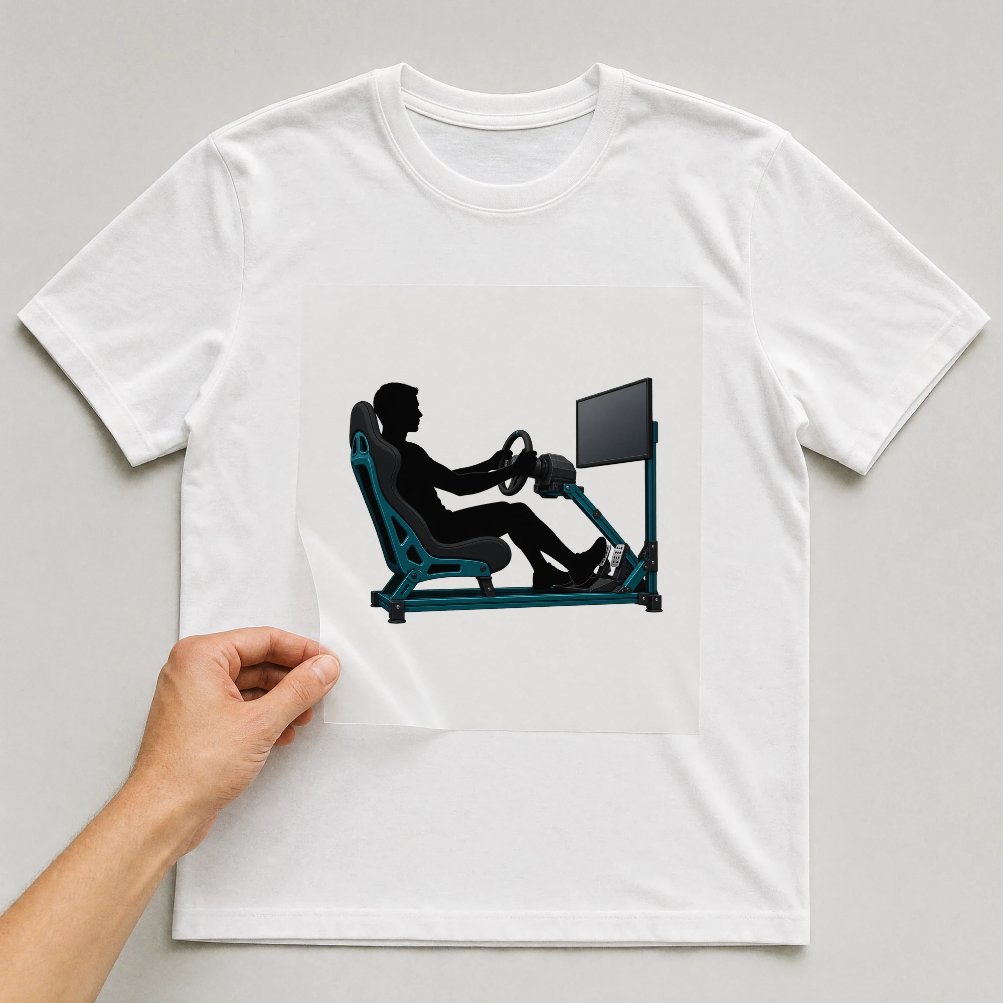 Bügelbild „Evolution Sim Racer“ auf weißem T-Shirt, Folie wird aufgelegt