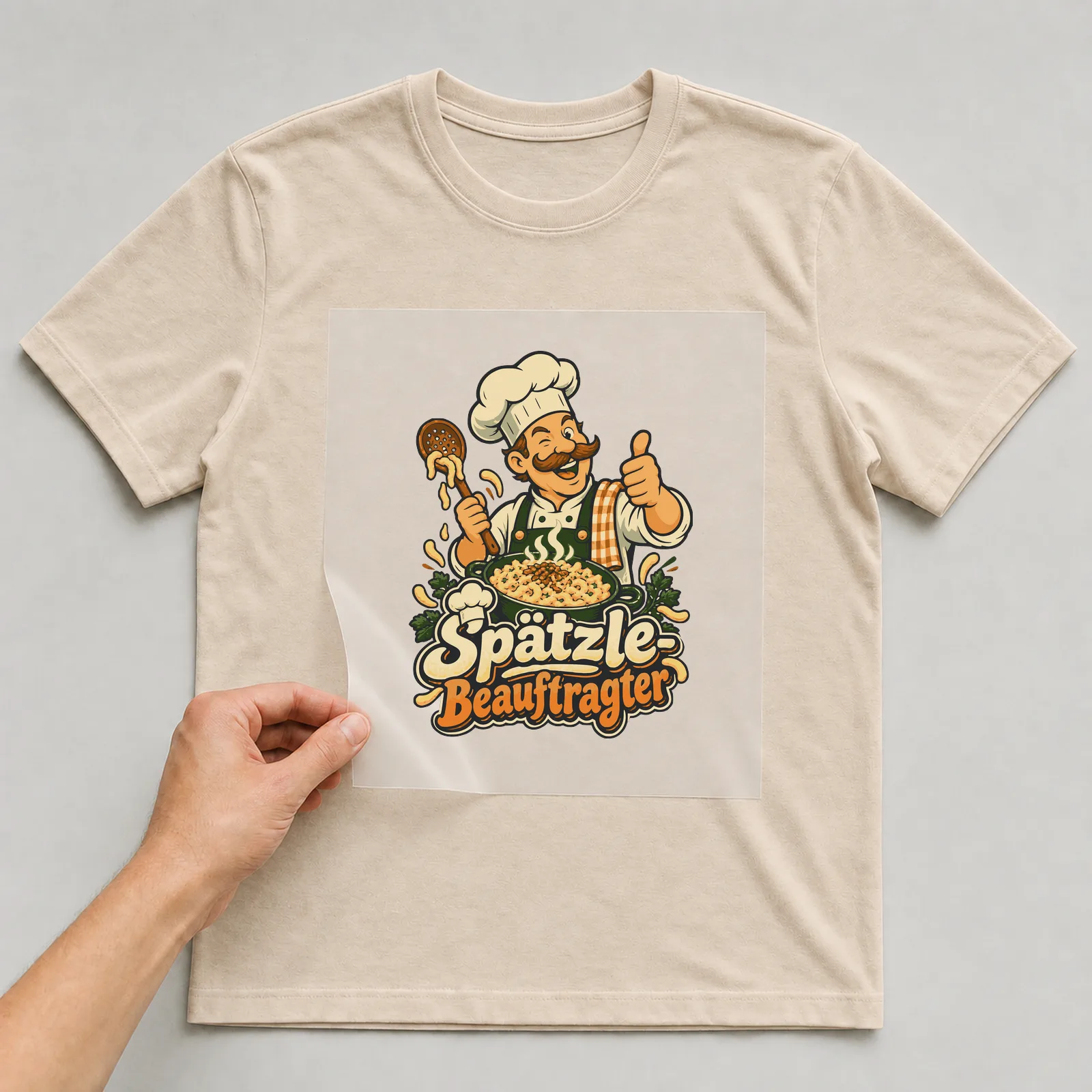 Bügelbild Spätzle-Beauftragter auf beigem T-Shirt, Folie wird aufgelegt