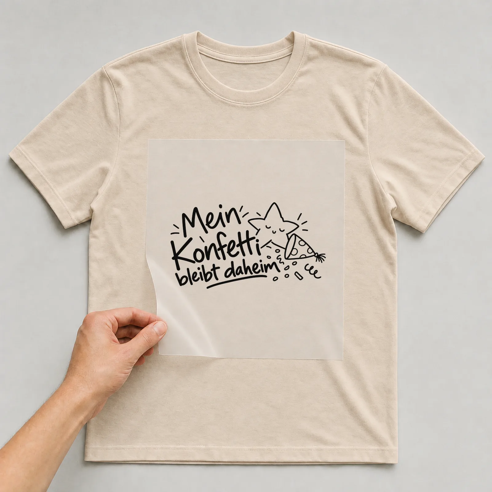 Bügelbild „Mein Konfetti bleibt daheim“ auf beigem T-Shirt, Folie wird aufgelegt