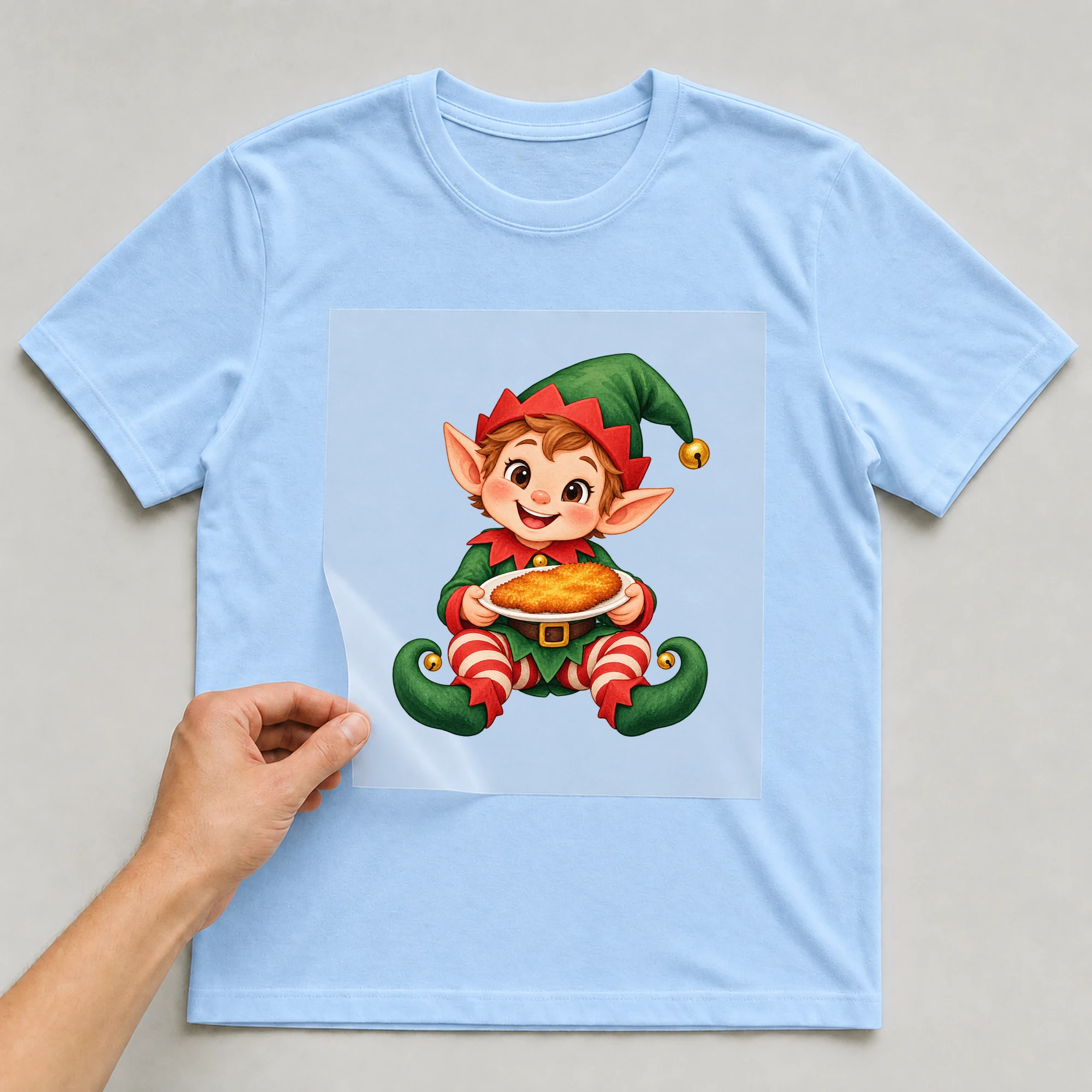 Bügelbild „Schnitzel Elf“ auf babyblauem T-Shirt, Folie wird aufgelegt