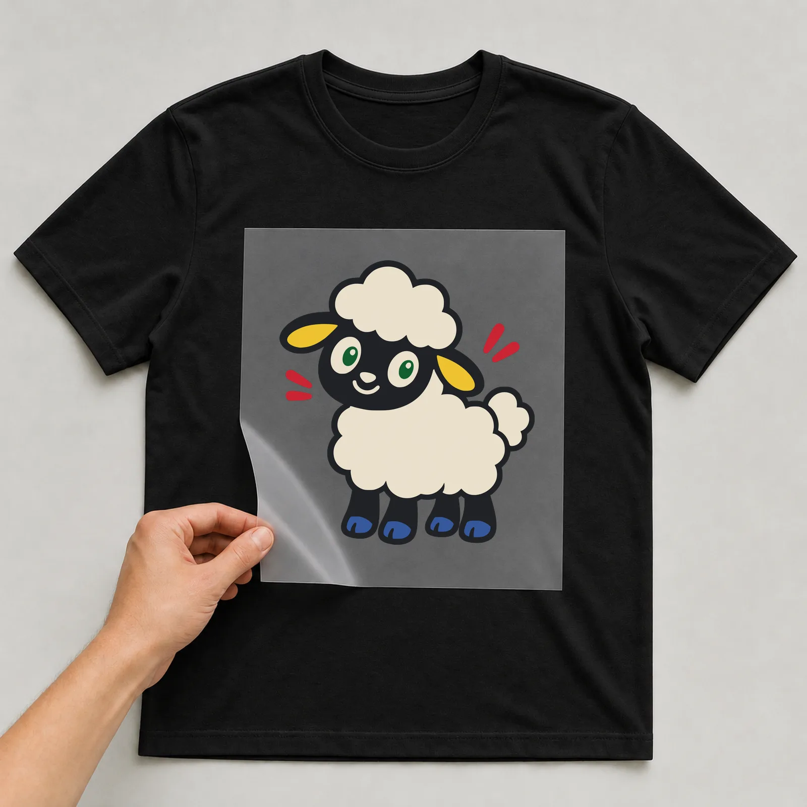 Bügelbild Schaf im Comic-Stil auf schwarzem T-Shirt, Folie wird aufgelegt