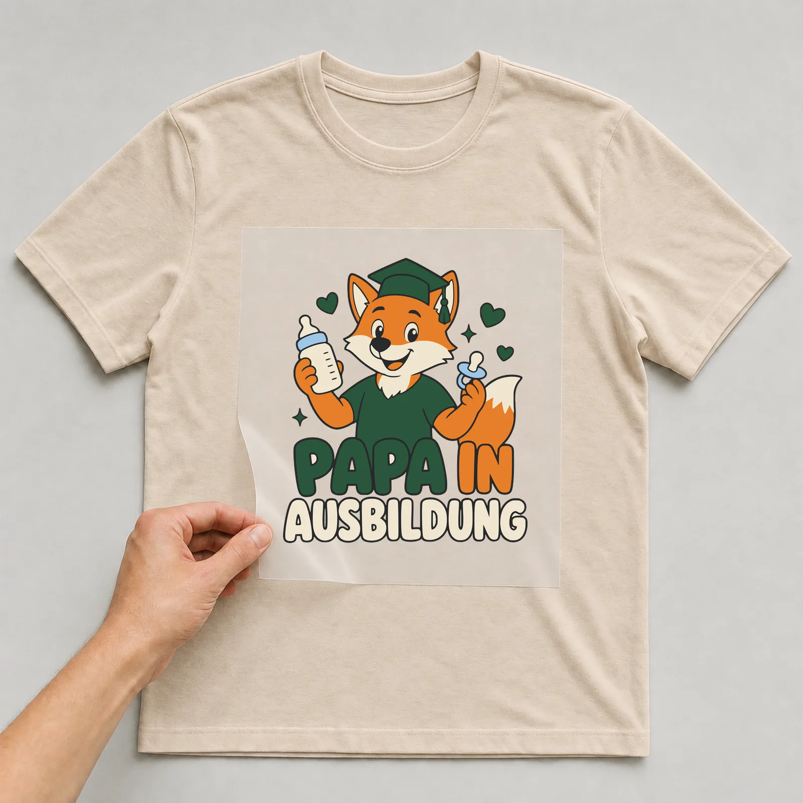 Bügelbild Papa in Ausbildung auf beigem T-Shirt, Folie wird aufgelegt