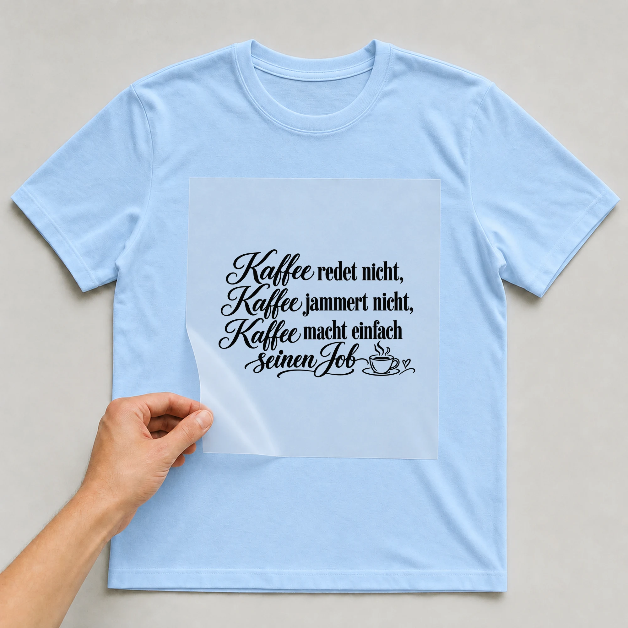 Bügelbild „Kaffee redet nicht, jammert nicht, macht einfach seinen Job“ auf babyblauem T-Shirt, Folie wird aufgelegt