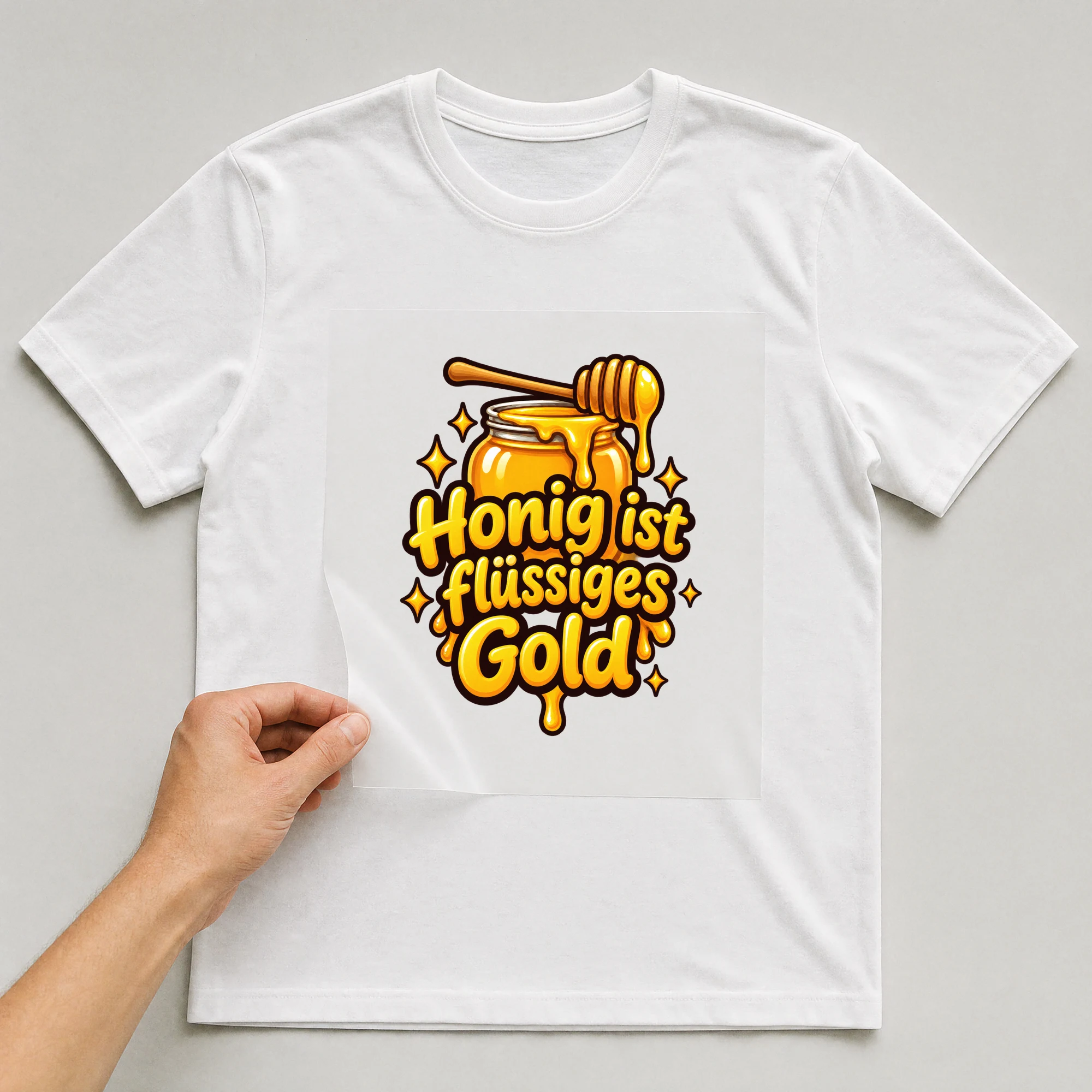 Bügelbild „Honig ist flüssiges Gold“ auf weißem T-Shirt, Folie wird aufgelegt