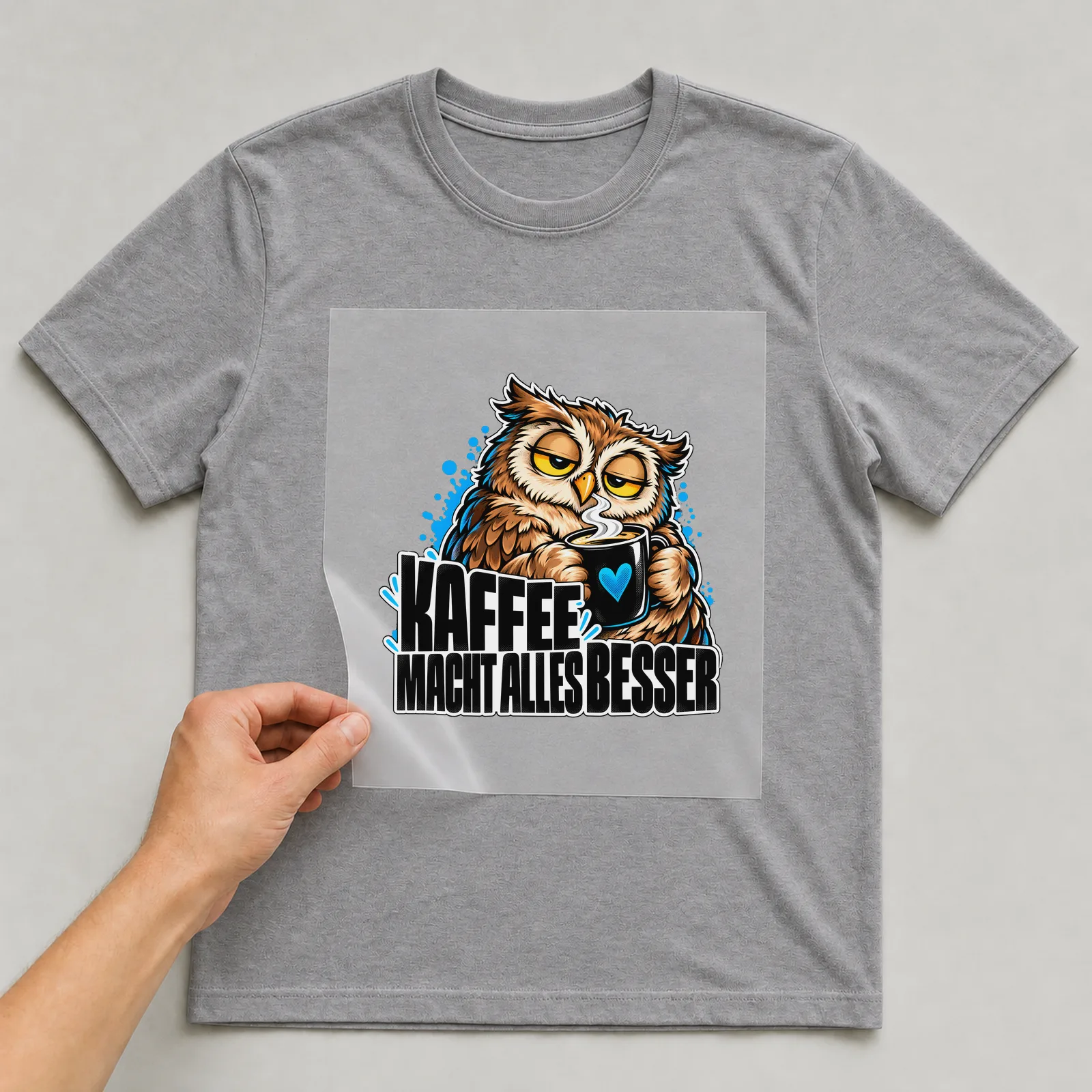 Bügelbild „Kaffee macht alles besser“ (Street-Sticker-Stil, Nr. 2) auf grauem T-Shirt, Folie wird aufgelegt