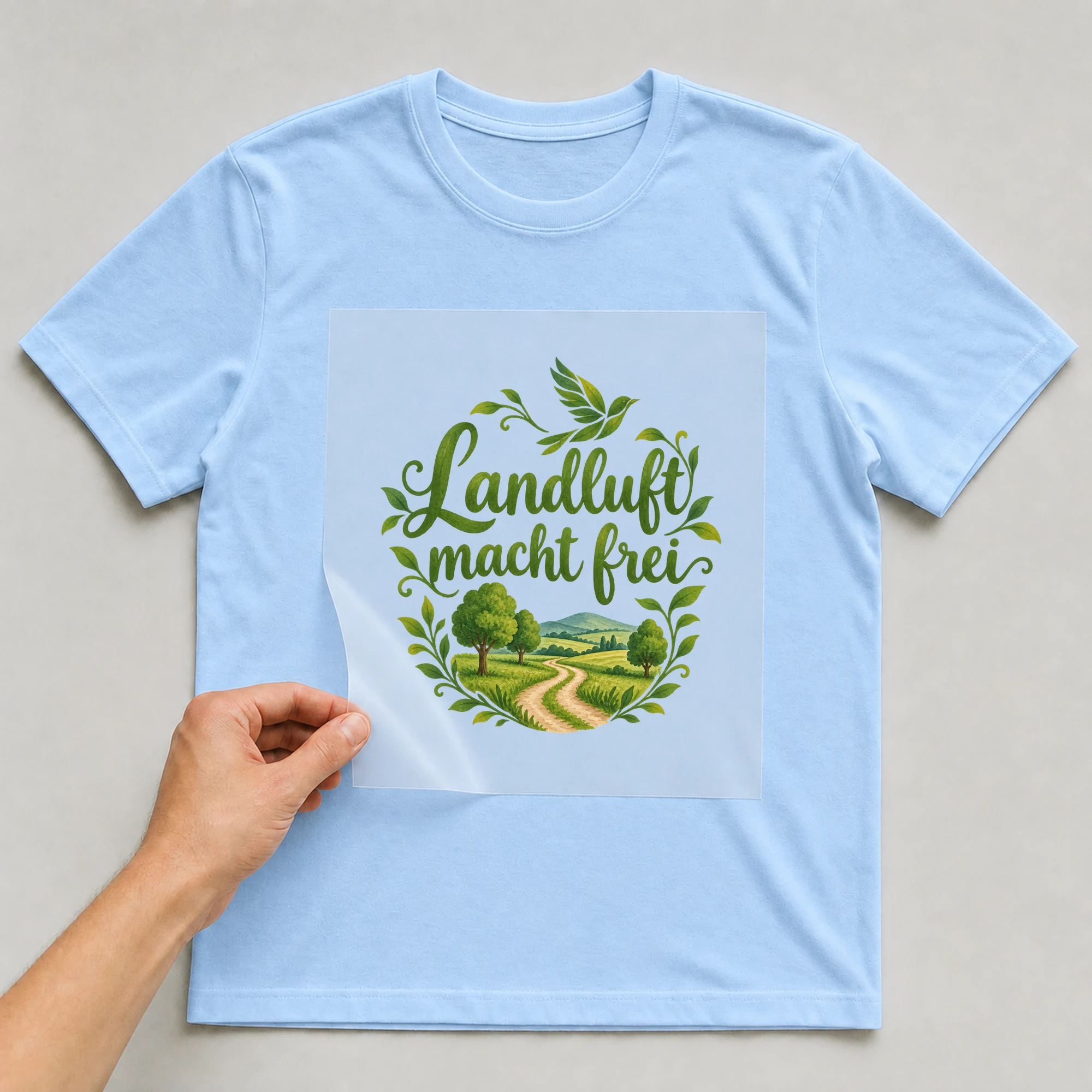 Bügelbild „Landluft macht frei“ auf babyblauem T-Shirt, Folie wird aufgelegt