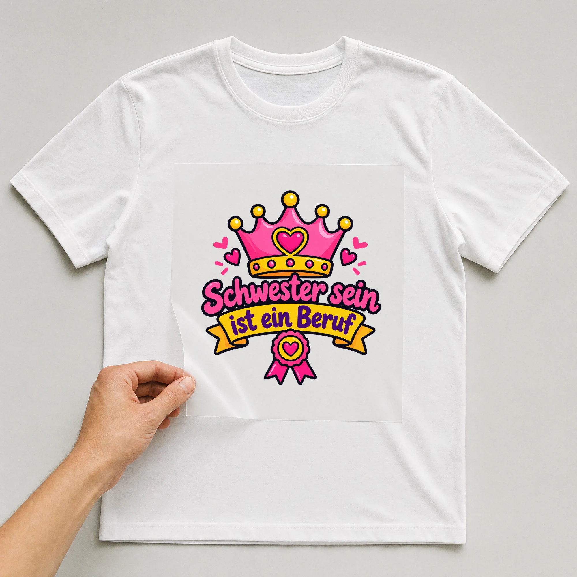Bügelbild „Schwester sein ist ein Beruf“ auf weißem T-Shirt, Folie wird aufgelegt