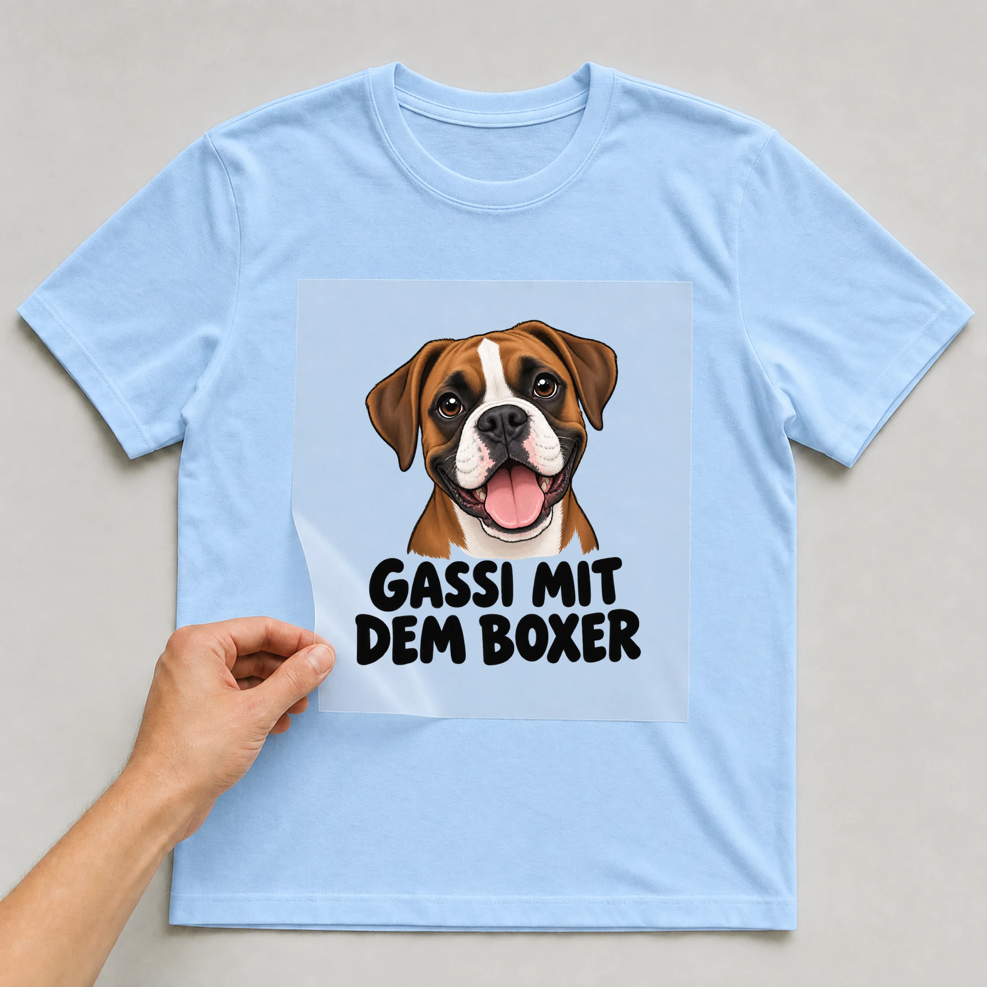 Bügelbild „Gassi mit dem Boxer“ auf babyblauem T-Shirt, Folie wird aufgelegt