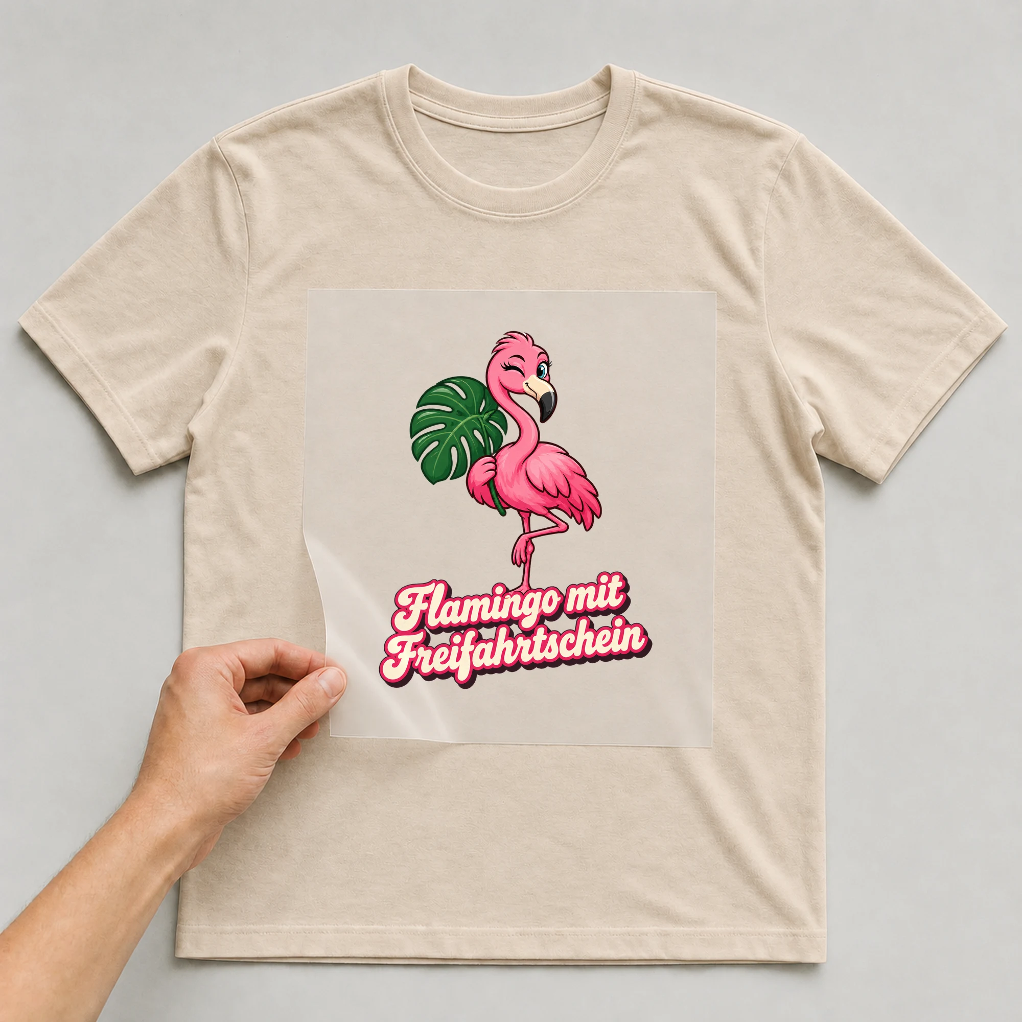 Bügelbild „Flamingo mit Freifahrtschein“ auf beigem T-Shirt, Folie wird aufgelegt