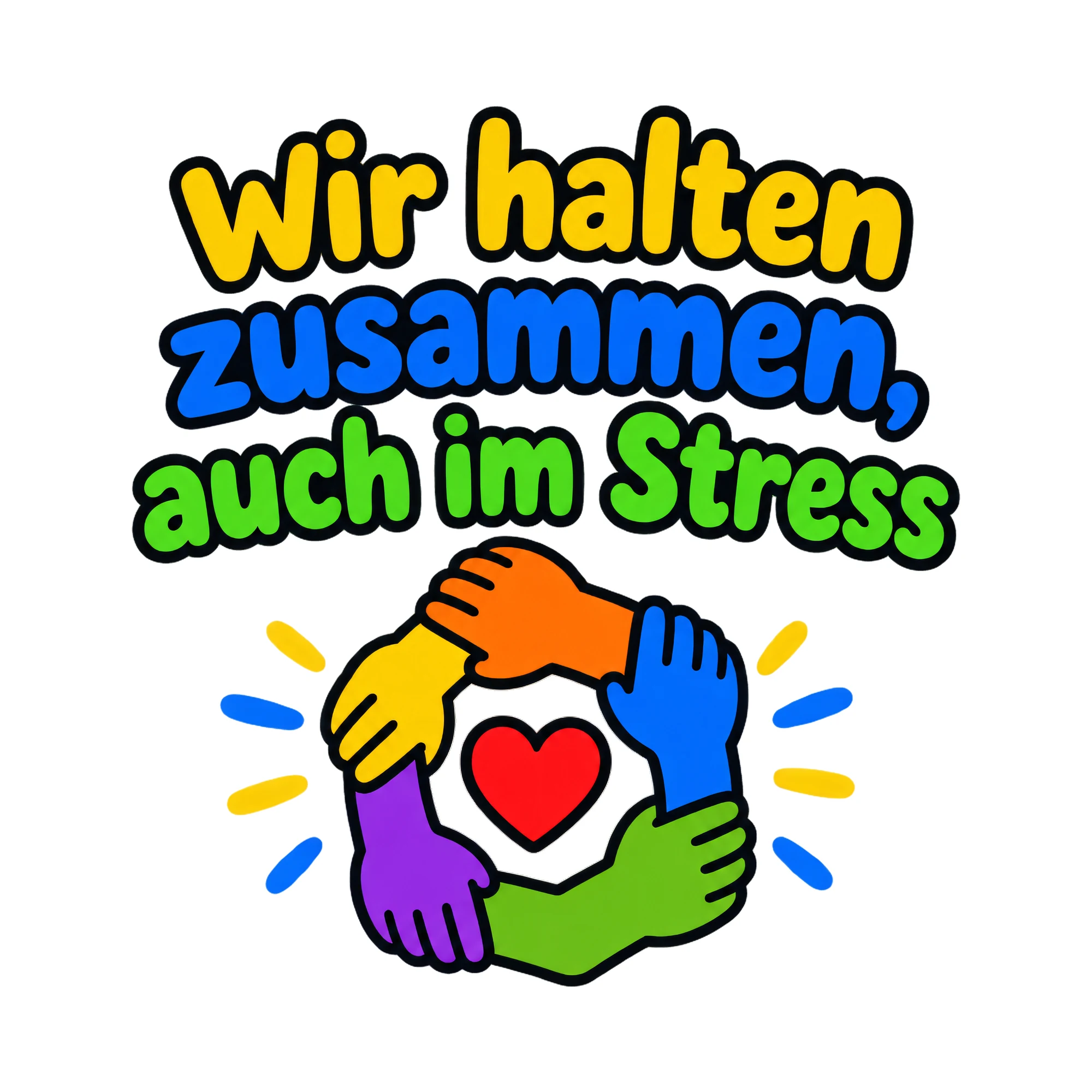 Bügelbild Wir halten zusammen, auch im Stress, Beruf Shirt Spruch als Grafik auf weißem Hintergrund (BB020214)