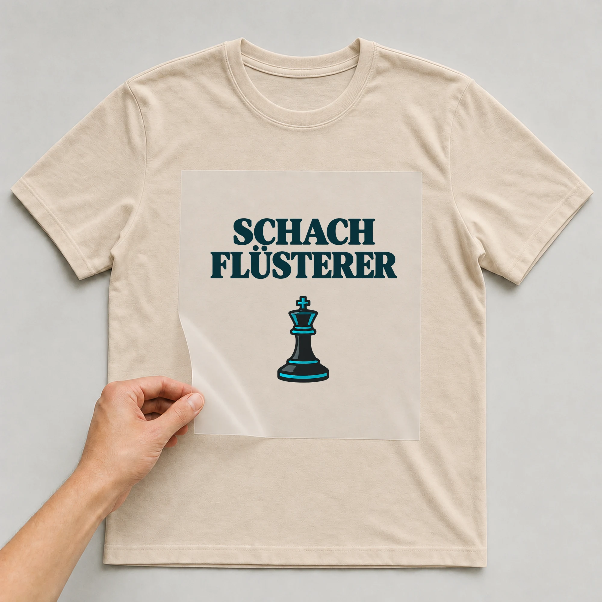 Bügelbild „SCHACH FLÜSTERER“ auf beigem T-Shirt, Folie wird aufgelegt