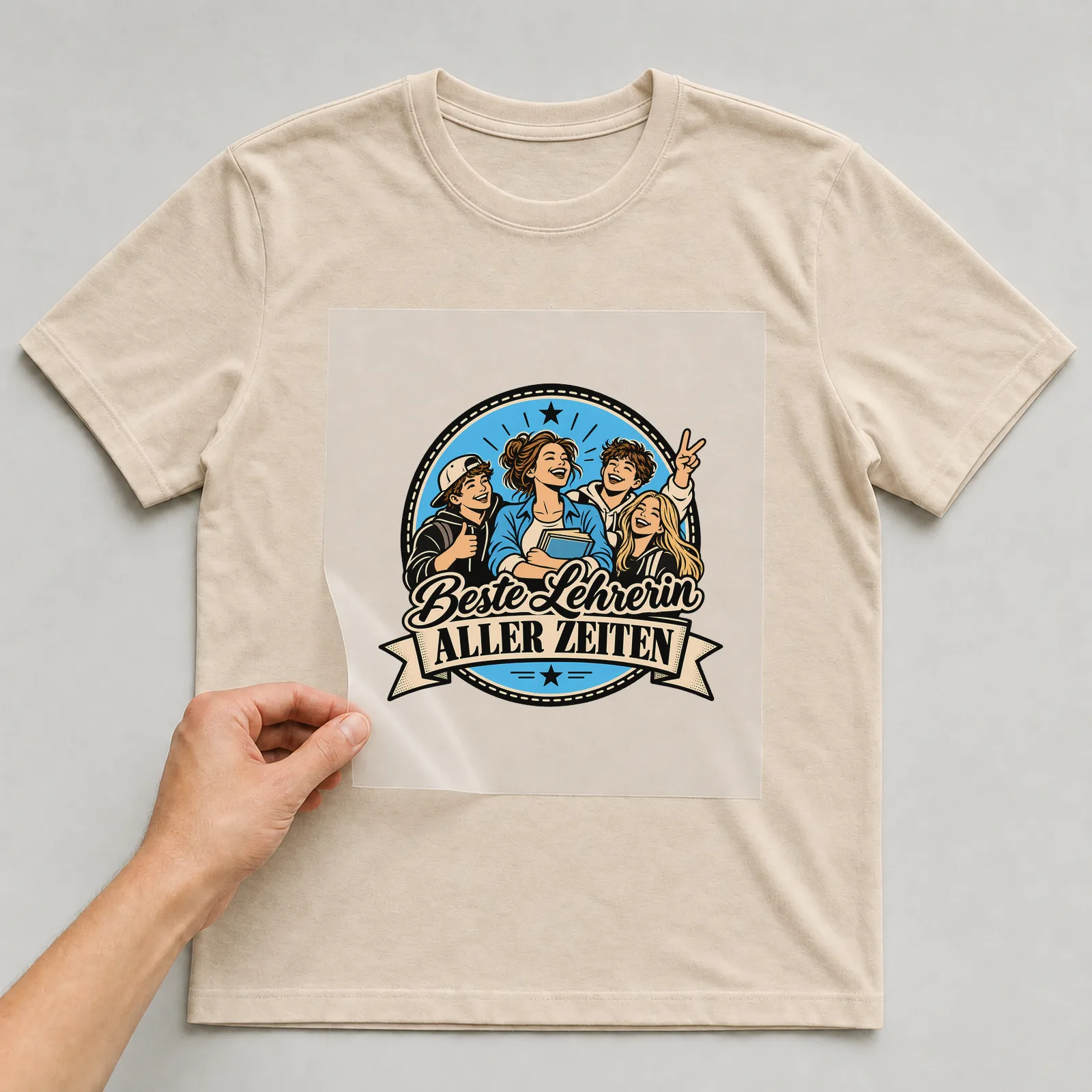 Bügelbild „Beste Lehrerin aller Zeiten“ auf beigem T-Shirt, Folie wird aufgelegt