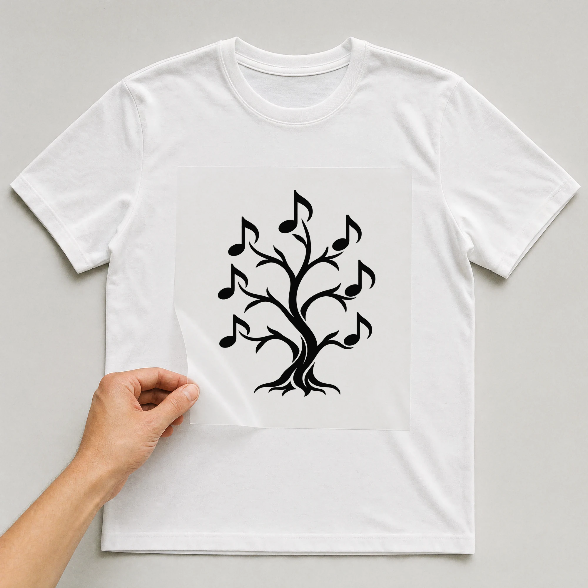 Bügelbild „Musikbaum“ auf weißem T-Shirt, Folie wird aufgelegt