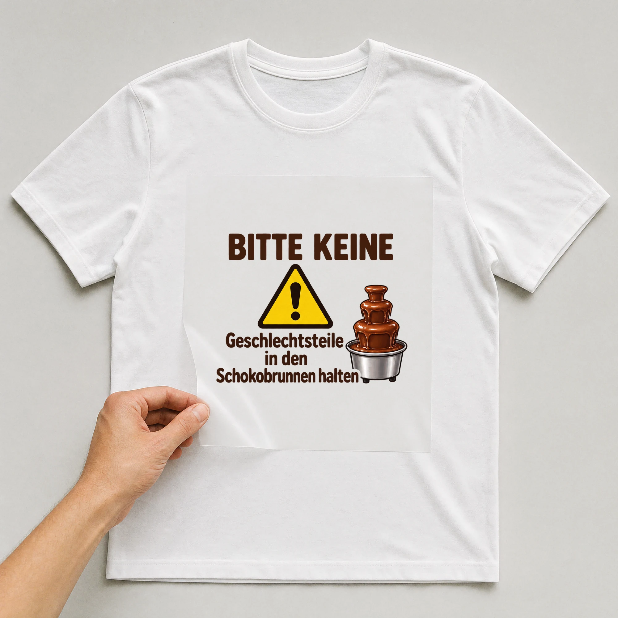 Bügelbild „Bitte keine Geschlechtsteile in den Schokobrunnen halten“ auf weißem T-Shirt, Folie wird aufgelegt