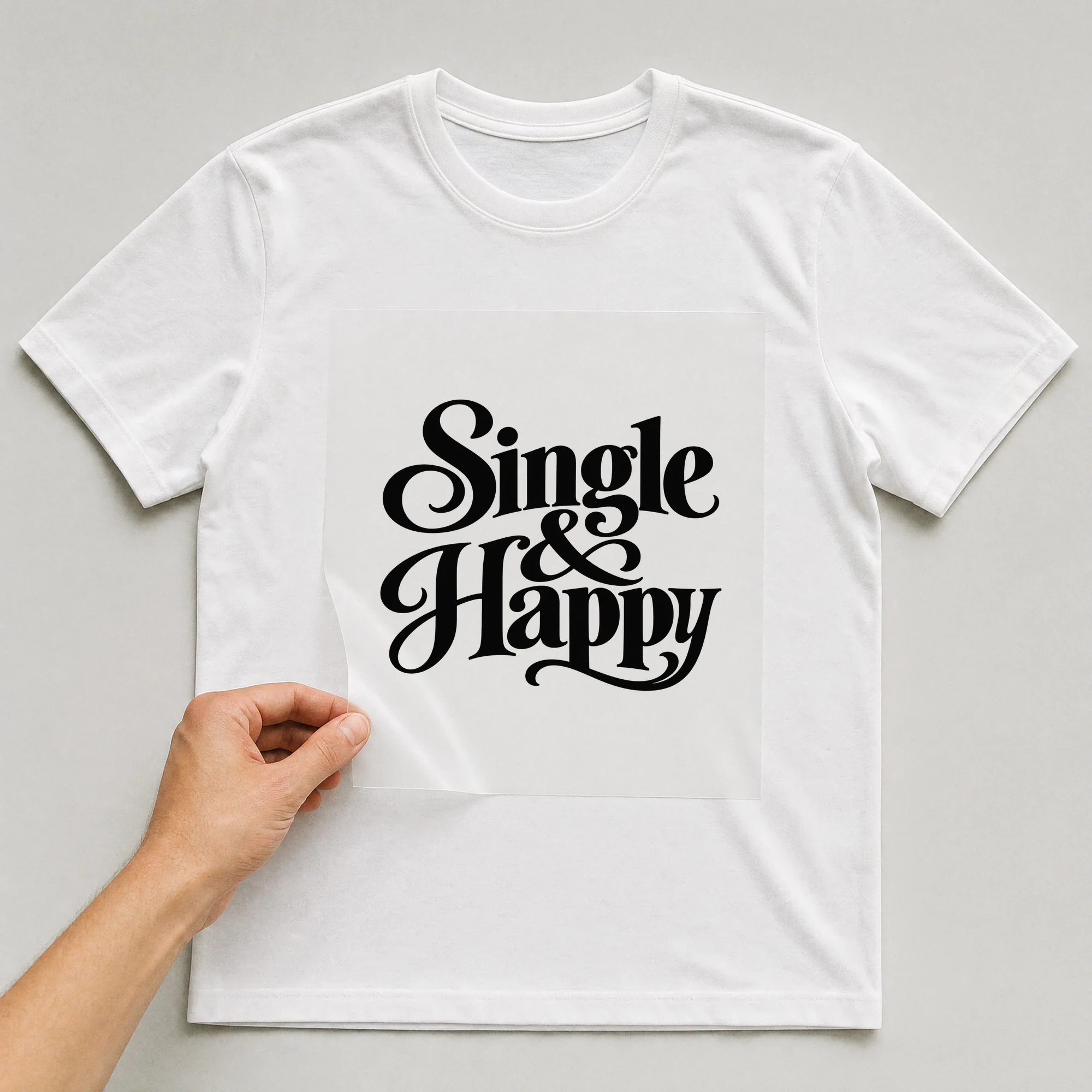 Bügelbild „Single & Happy“ auf weißem T-Shirt, Folie wird aufgelegt