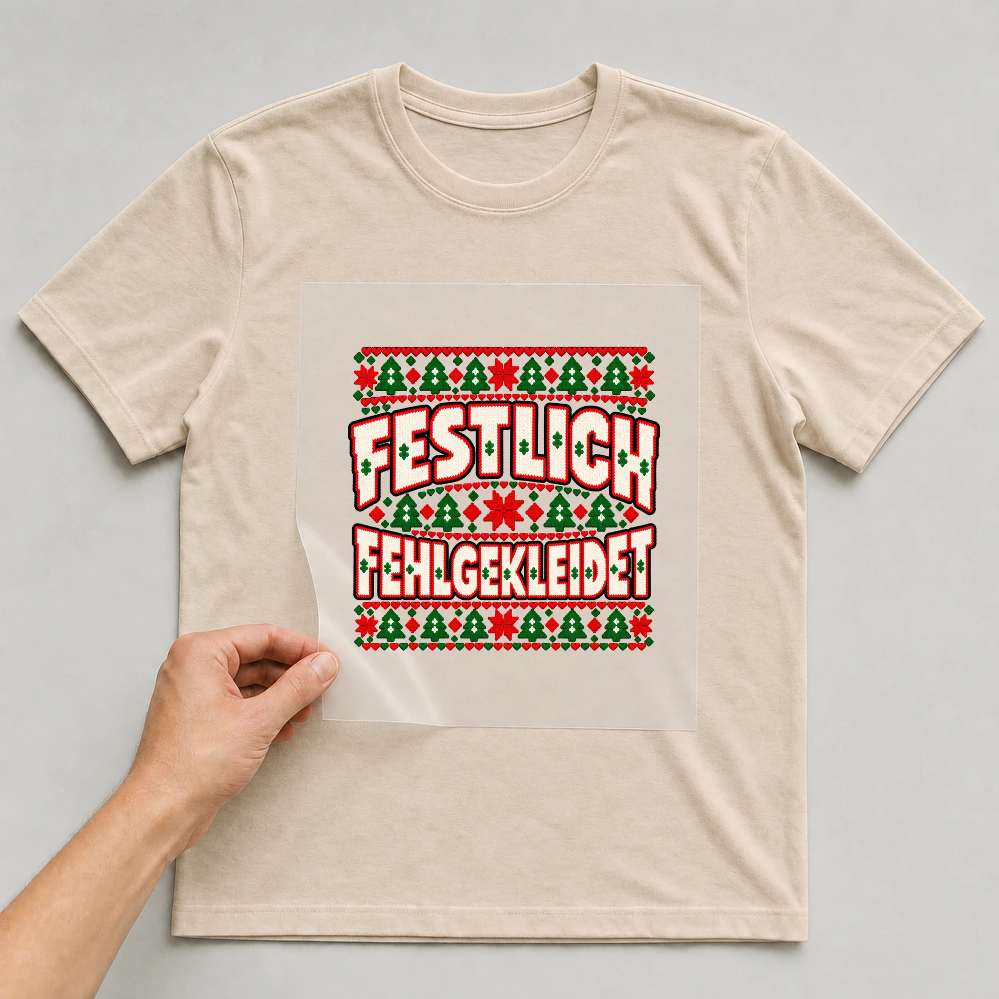 Bügelbild Festlich fehlgekleidet (Strickmuster) auf beigem T-Shirt, Folie wird aufgelegt