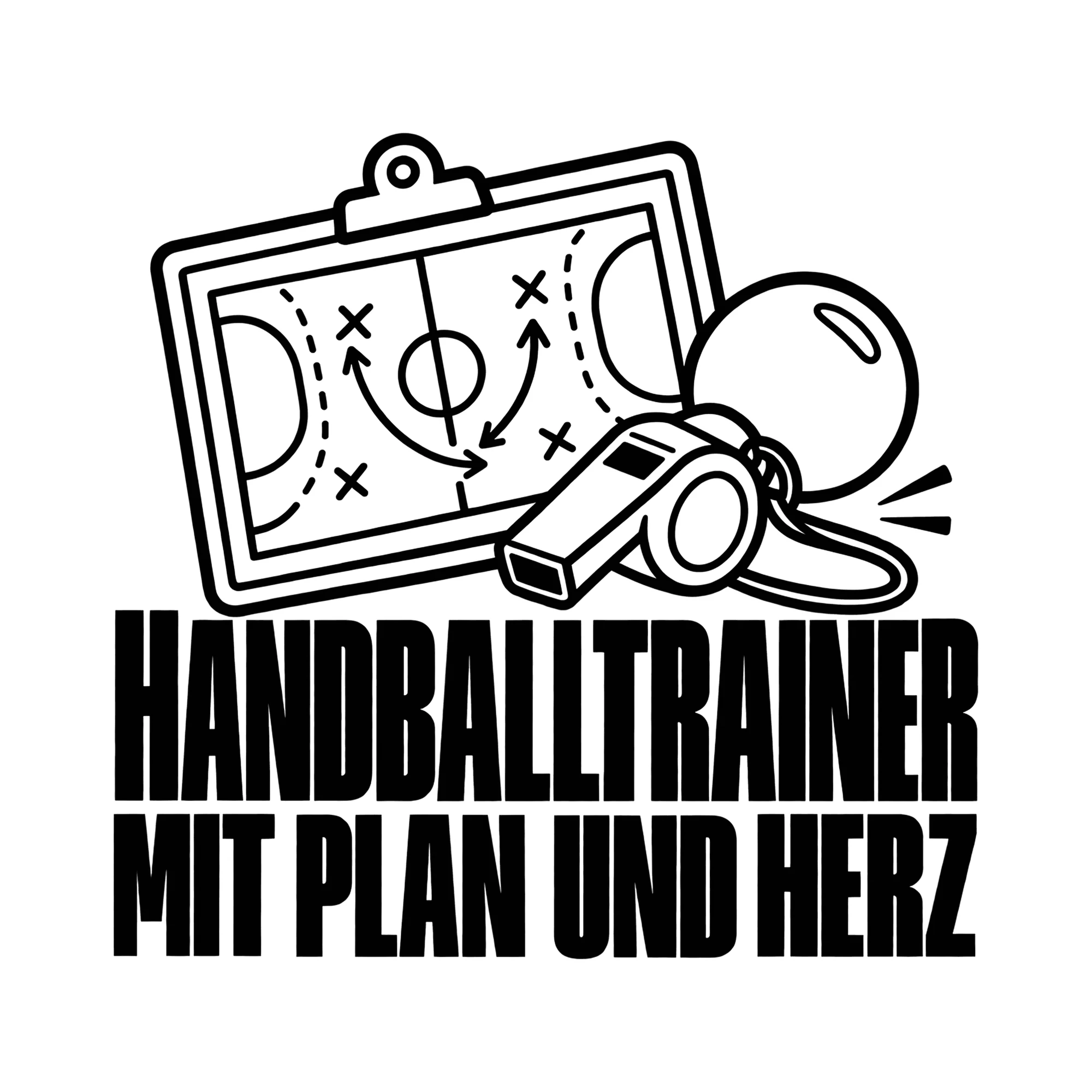 Bügelbild HANDBALLTRAINER MIT PLAN UND HERZ als Grafik auf weißem Hintergrund (BB013870)