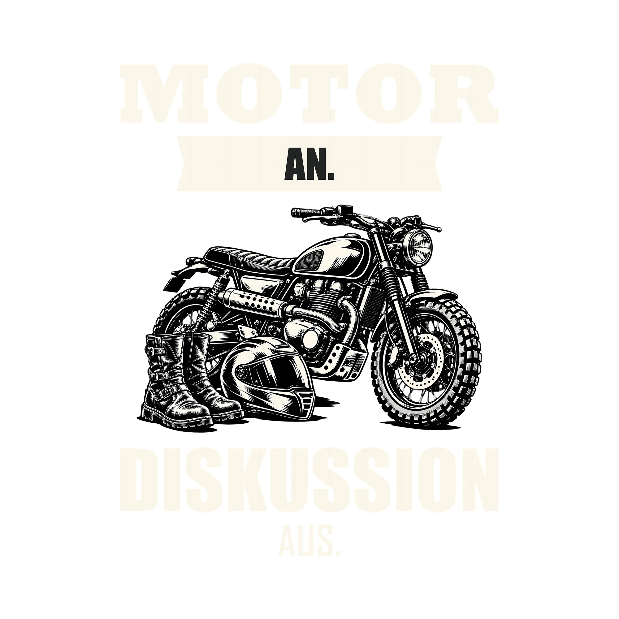 Bügelbild MOTOR AN. DISKUSSION AUS. als Grafik auf weißem Hintergrund (BB012701)