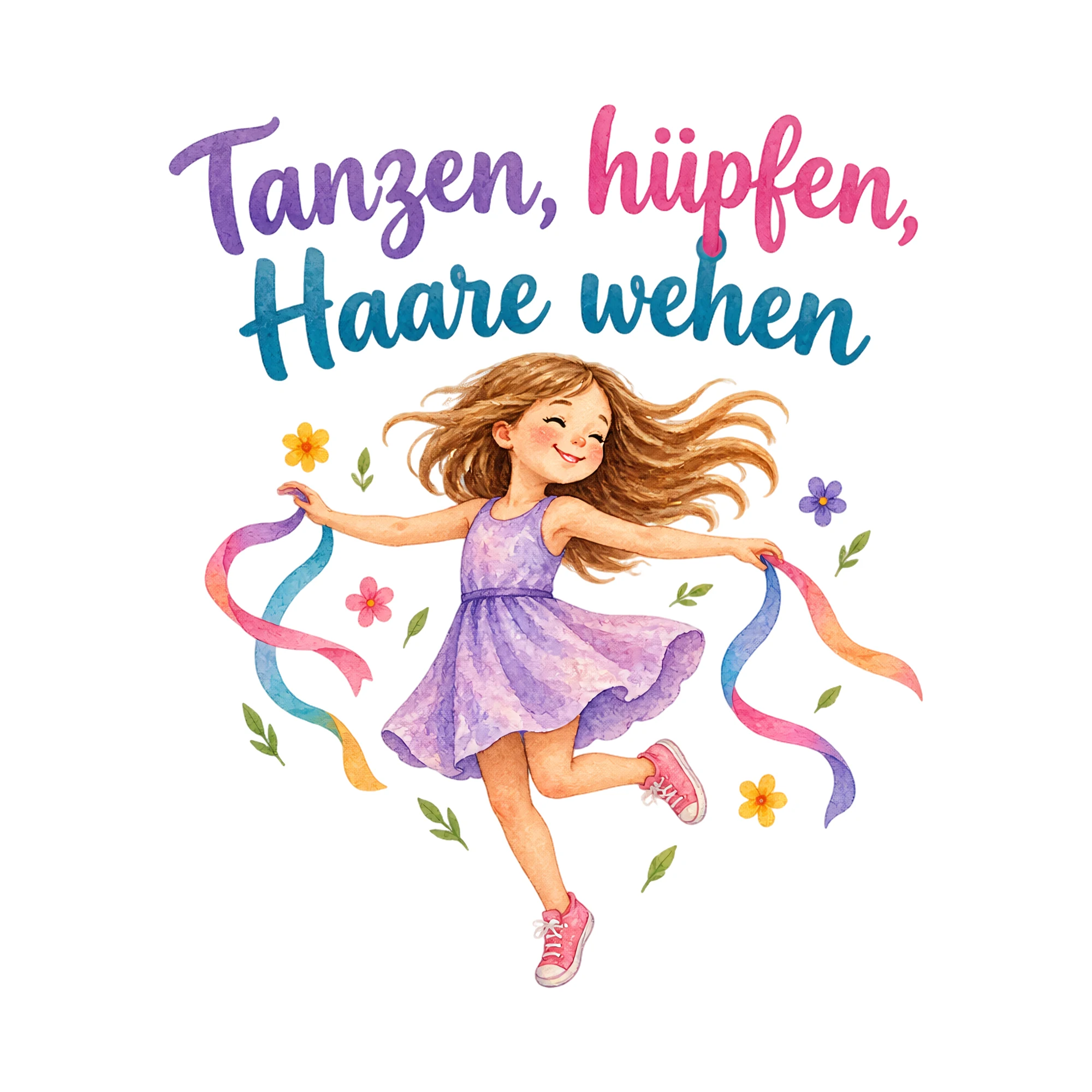 Bügelbild Tanzen, hüpfen, Haare wehen als Grafik auf weißem Hintergrund (BB019983)