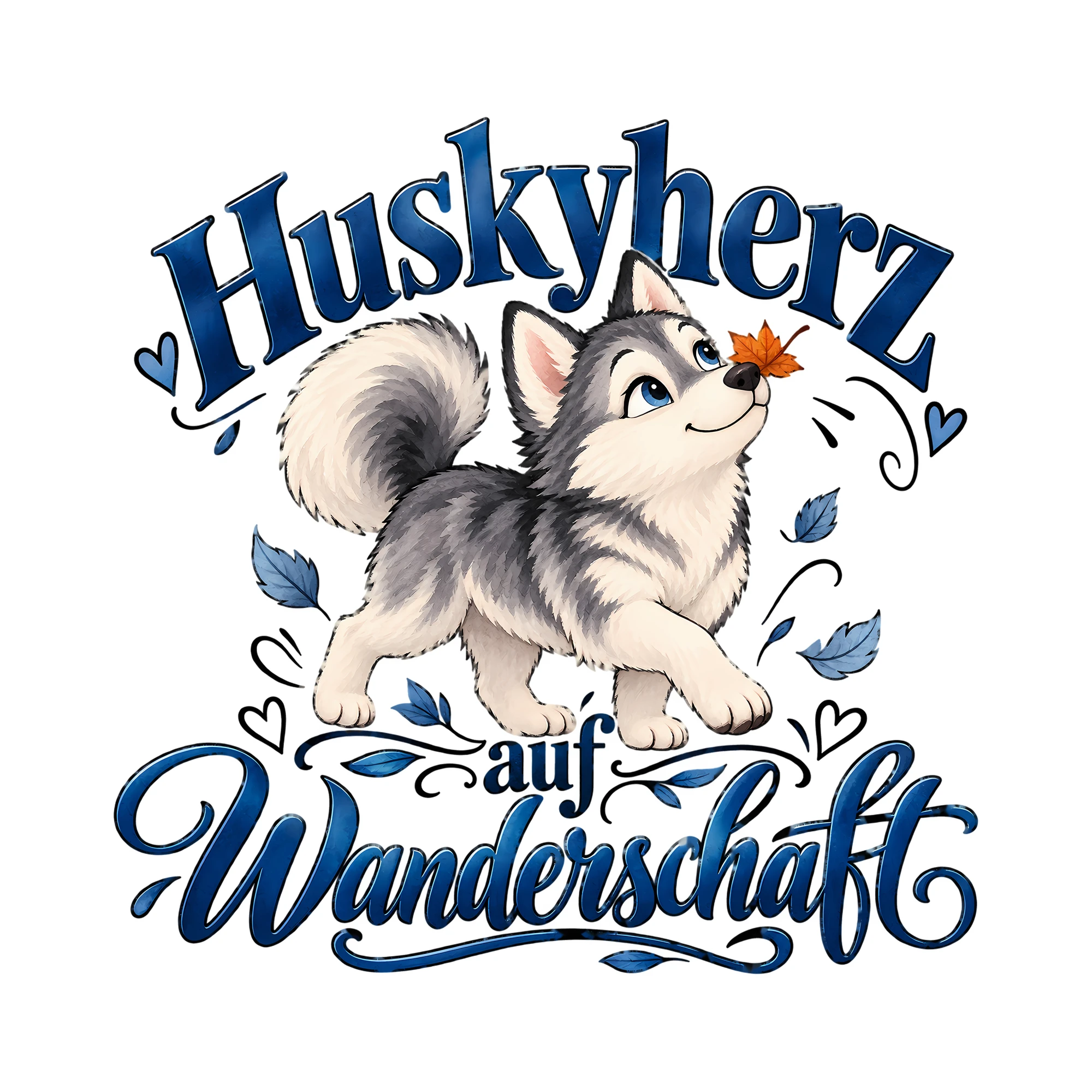 Bügelbild Huskyherz auf Wanderschaft als Grafik auf weißem Hintergrund (BB013445)