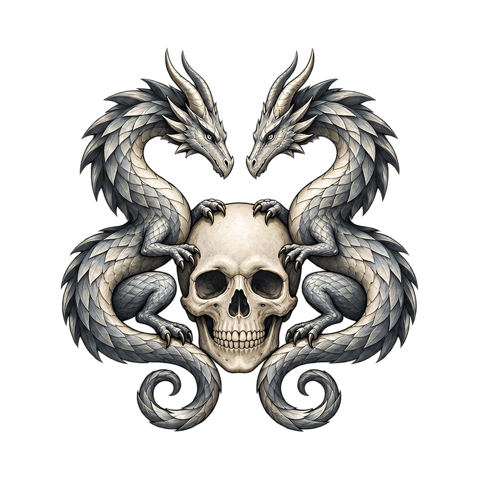 Bügelbild Totenkopf mit zwei Drachen, Lustiger Shirt Motiv als Grafik auf weißem Hintergrund (BB018230)