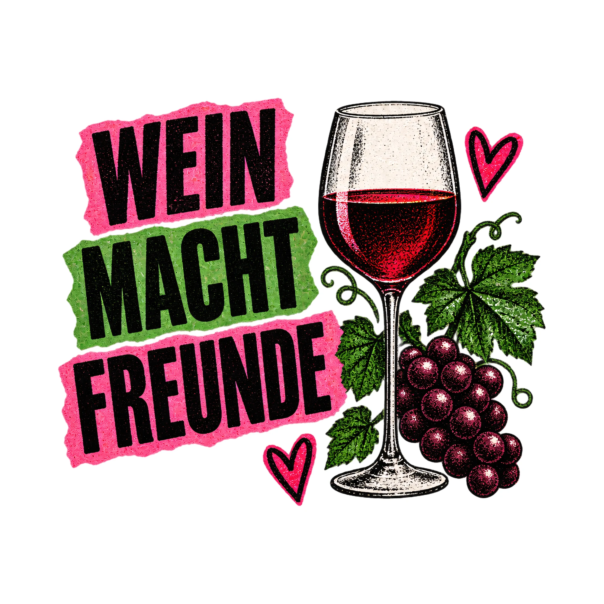 Bügelbild Wein macht Freunde als Grafik auf weißem Hintergrund (BB011878)
