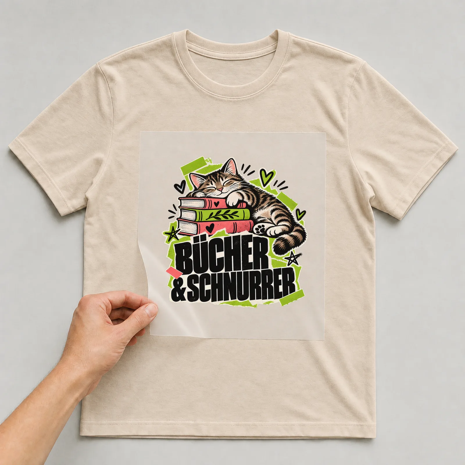 Bügelbild „Bücher & Schnurren“ auf beigem T-Shirt, Folie wird aufgelegt