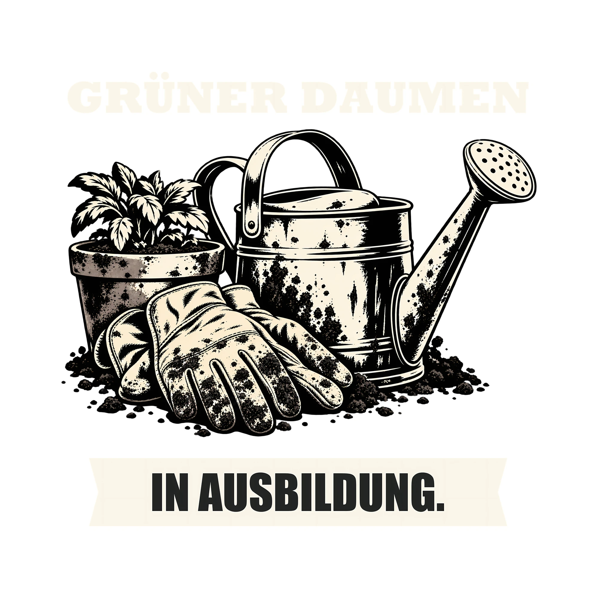 Bügelbild GRÜNER DAUMEN IN AUSBILDUNG. als Grafik auf weißem Hintergrund (BB011425)