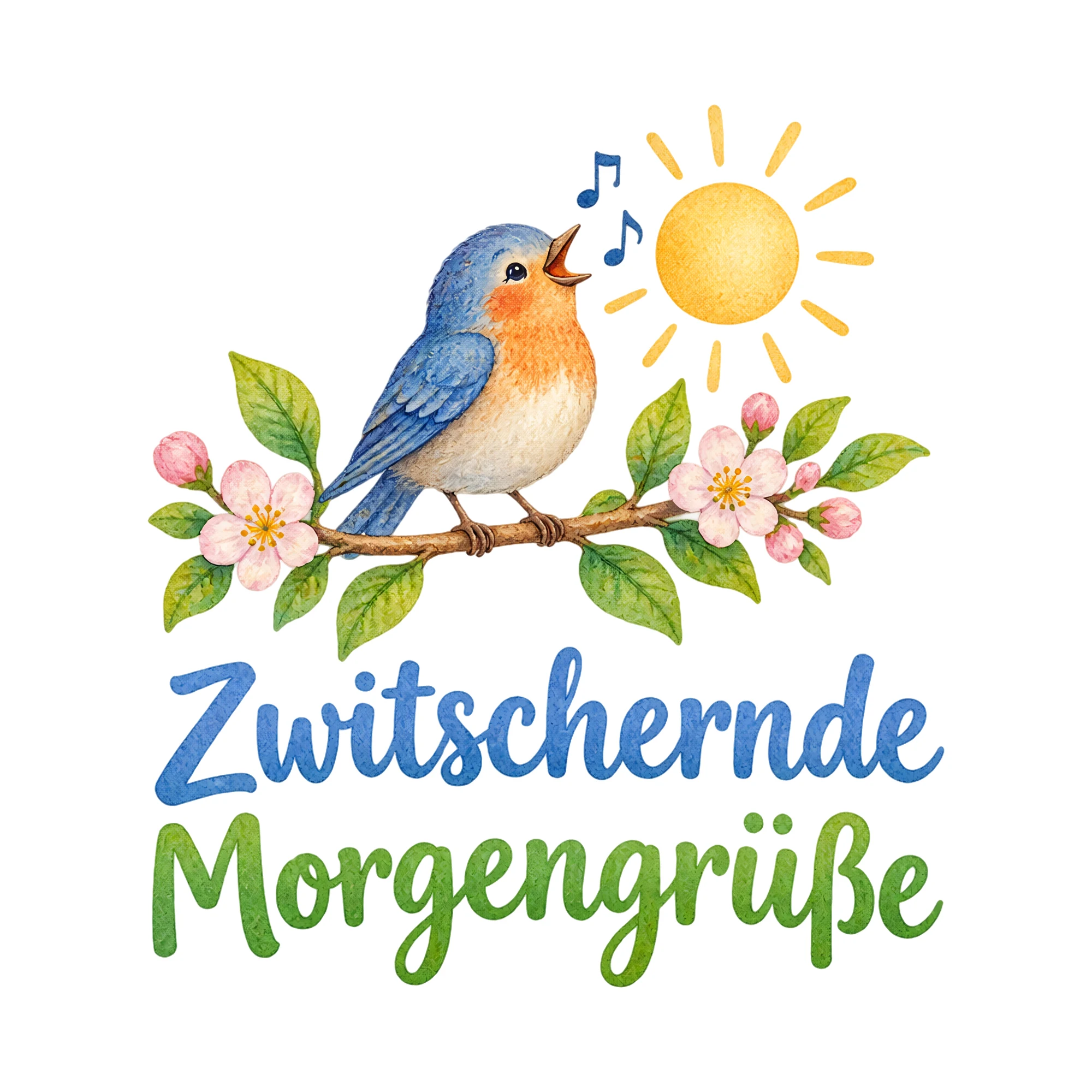 Bügelbild Zwitschernde Morgengrüße als Grafik auf weißem Hintergrund (BB019783)