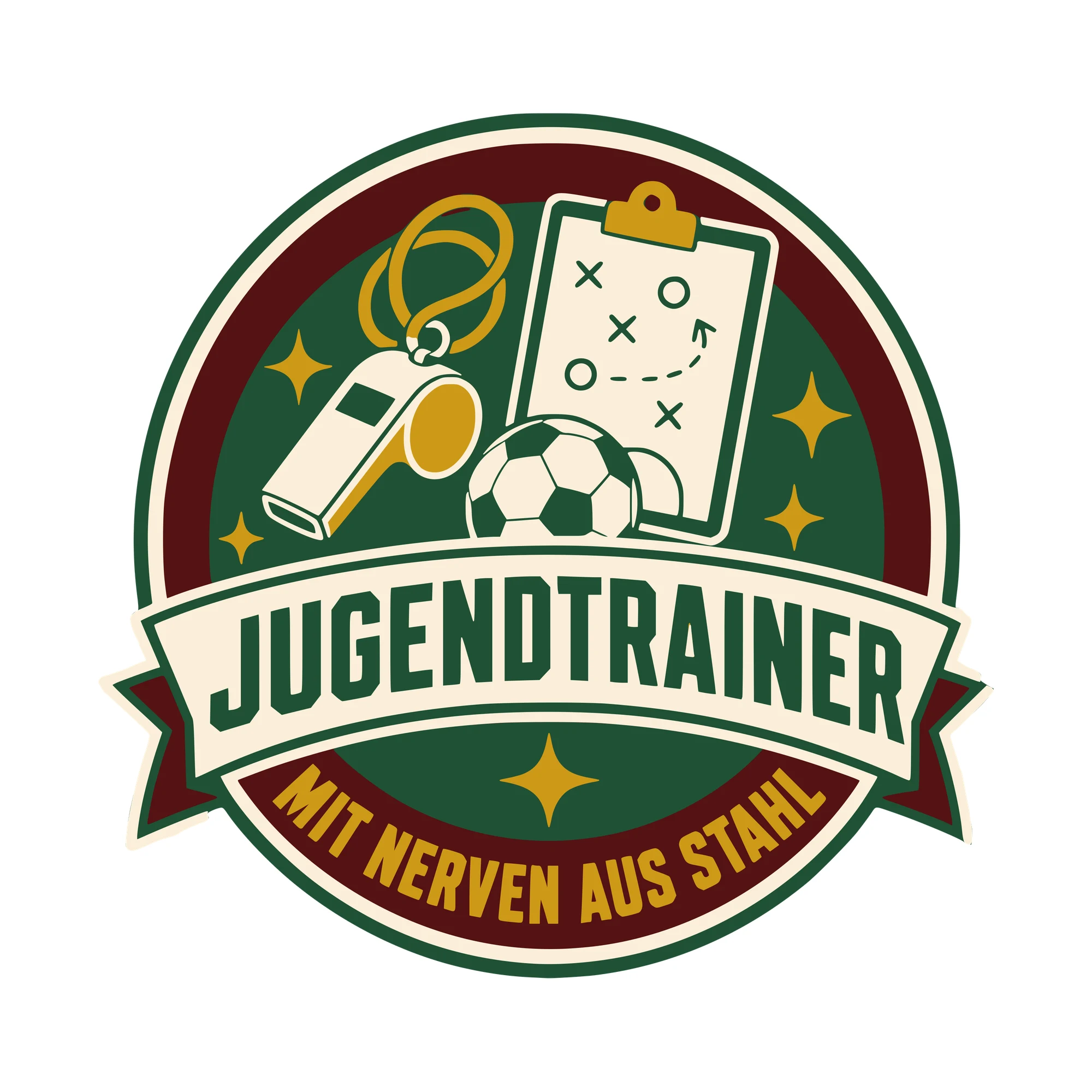 Bügelbild Jugendtrainer mit Nerven aus Stahl als Grafik auf weißem Hintergrund (BB010402)