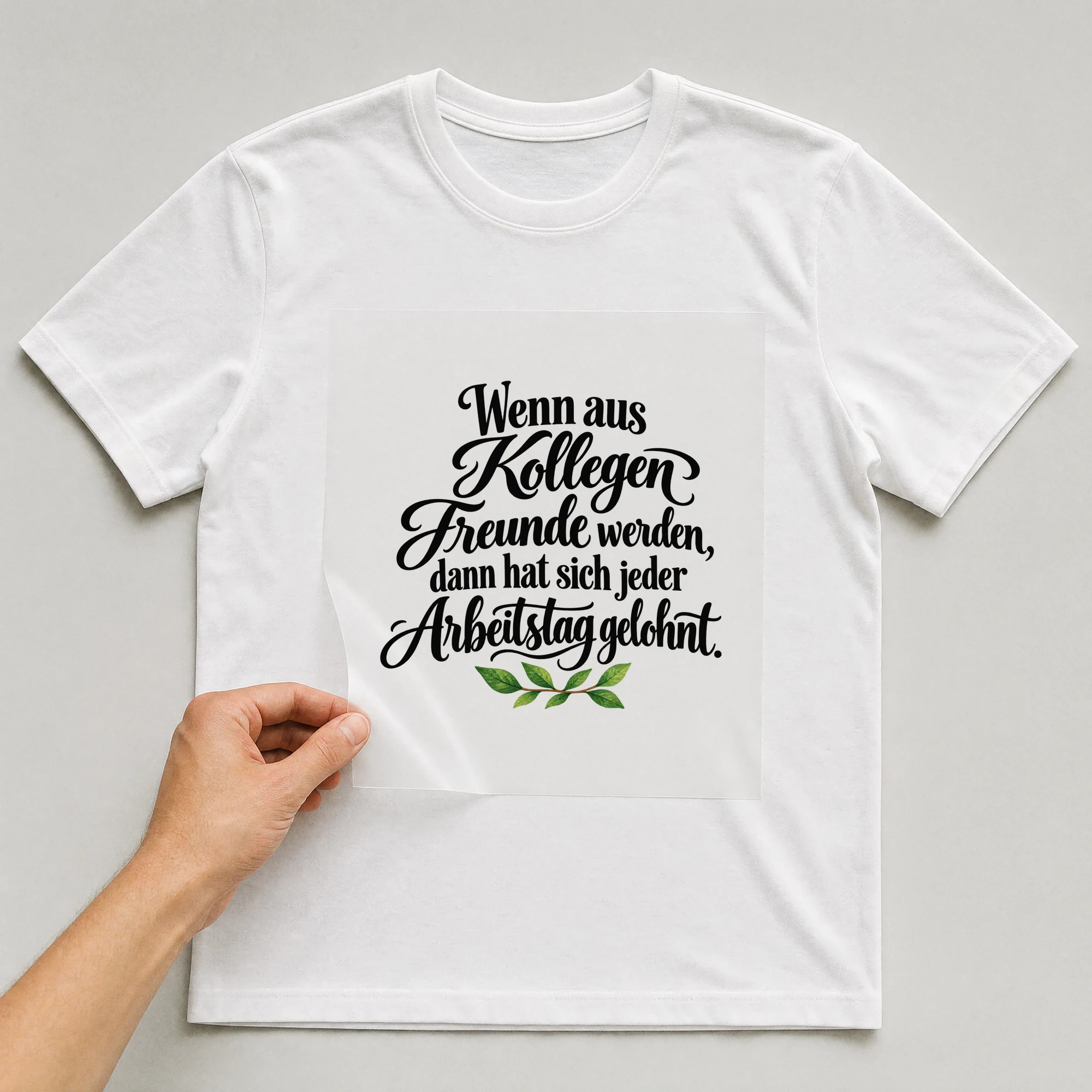 Bügelbild „Wenn aus Kollegen Freunde werden, dann hat sich jeder Arbeitstag gelohnt.“ auf weißem T-Shirt, Folie wird aufgelegt