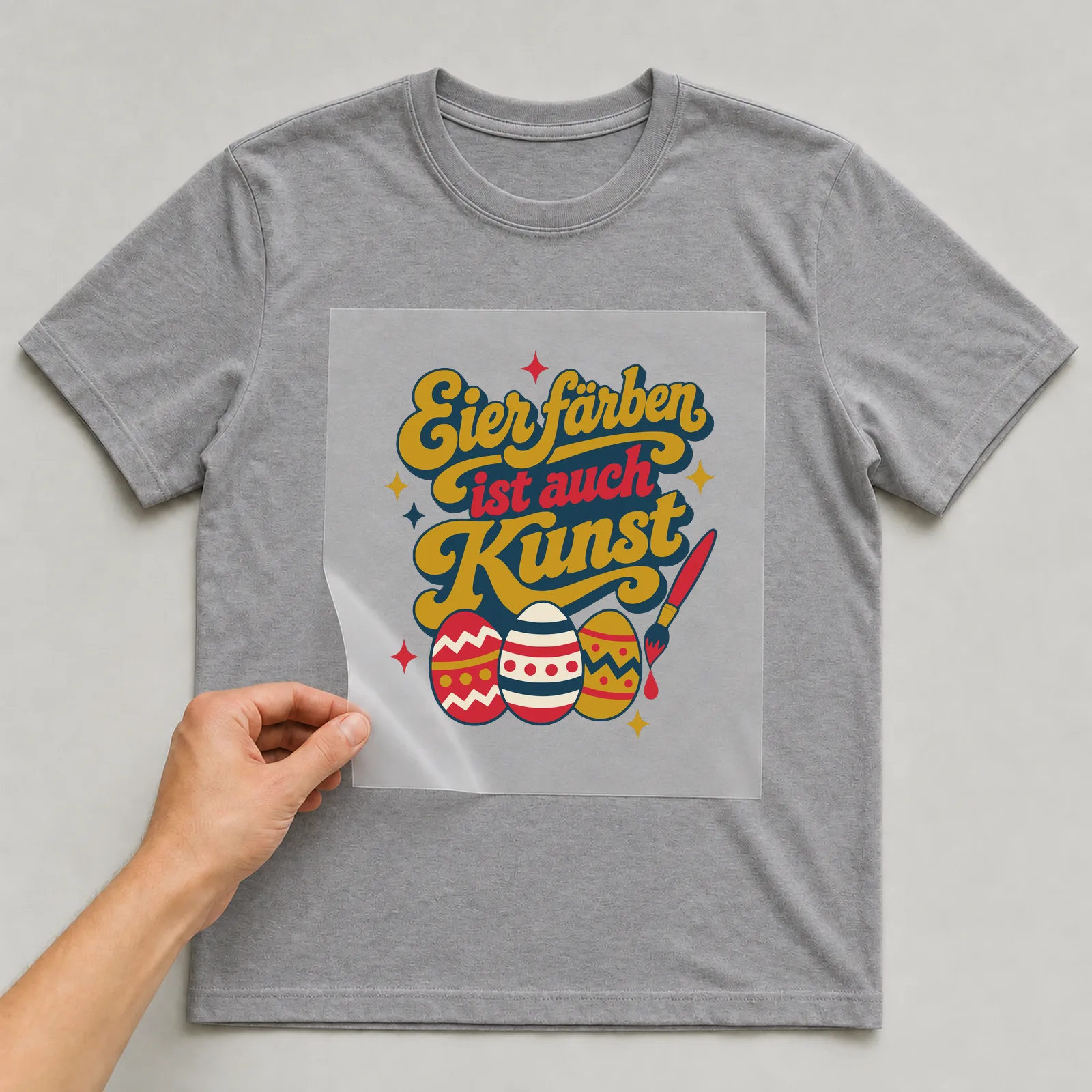 Bügelbild Eier färben ist auch Kunst auf grauem T-Shirt, Folie wird aufgelegt