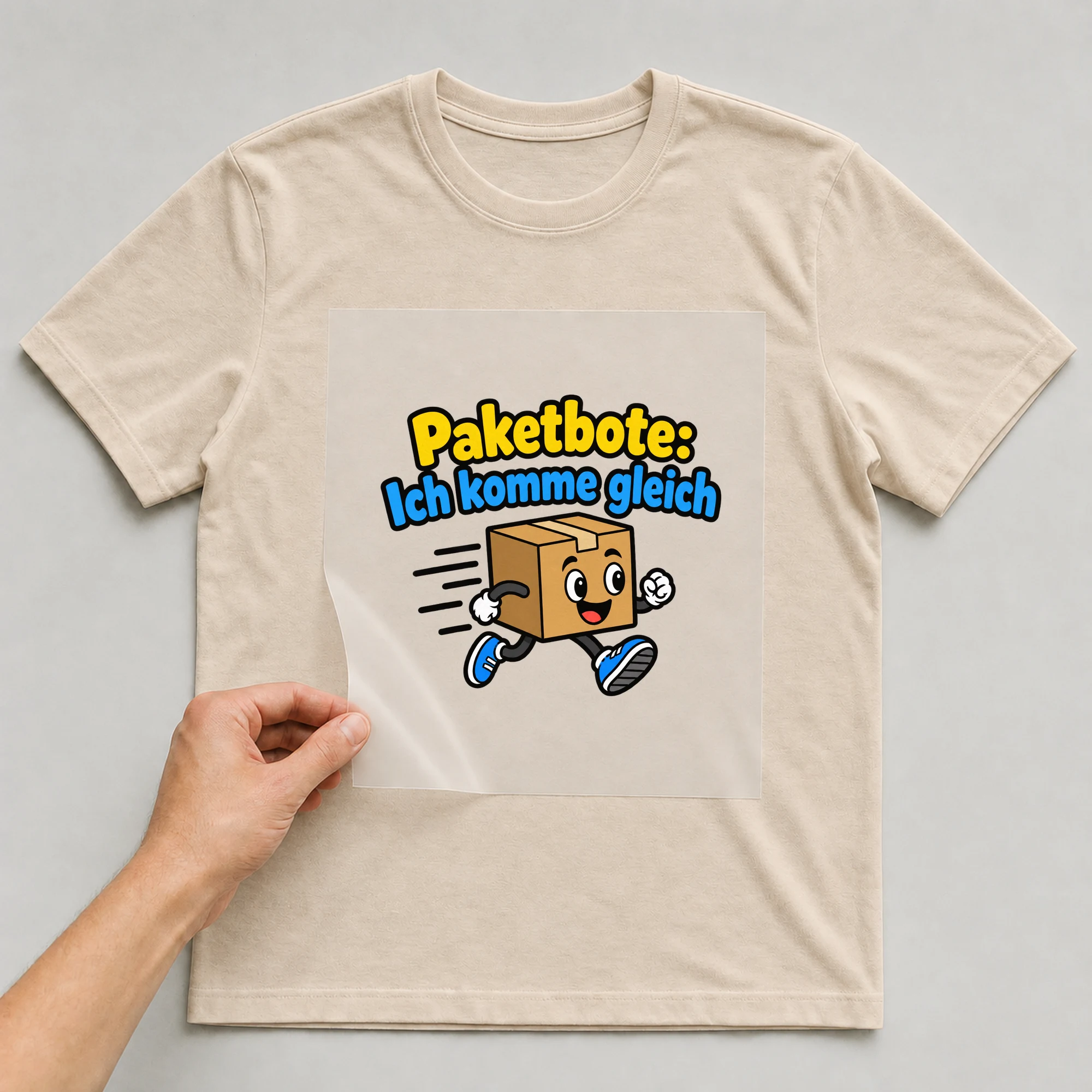 Bügelbild „Paketbote: Ich komme gleich“ auf beigem T-Shirt, Folie wird aufgelegt