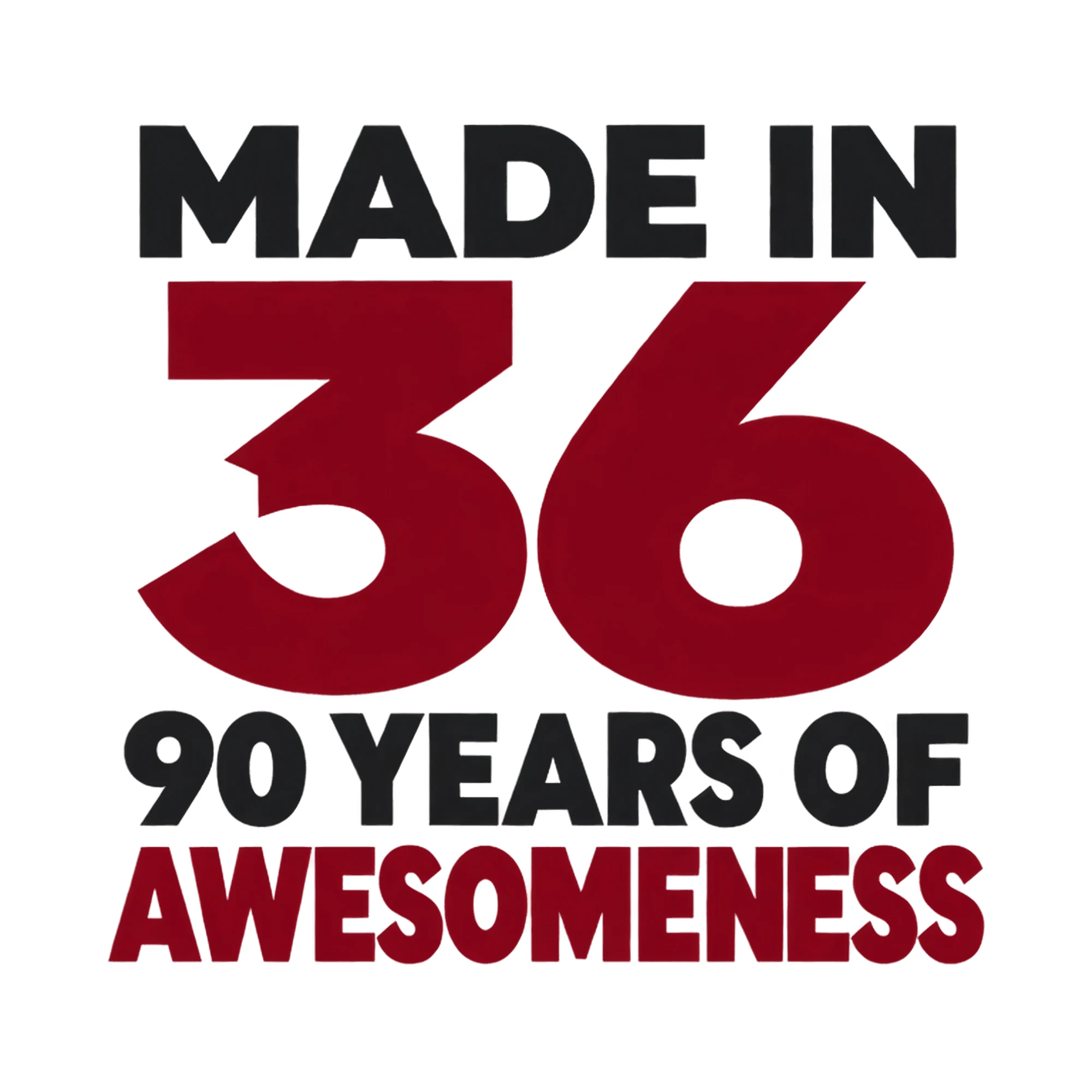 Bügelbild Made In 36 90 Years Of Awesomeness, Geburtstagsshirt Spruch als Grafik auf weißem Hintergrund (BB017796)