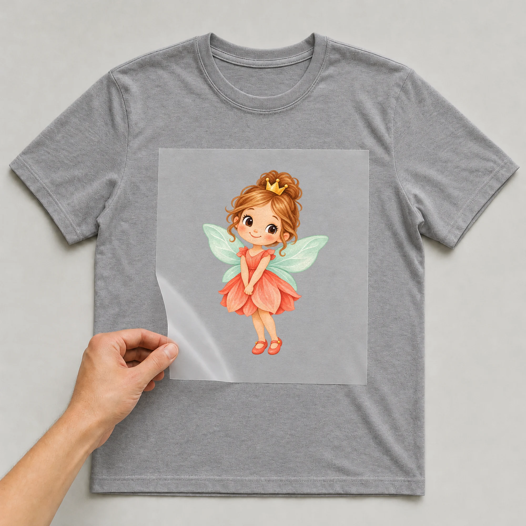 Bügelbild „Kleine Fee Prinzessin“ auf grauem T-Shirt, Folie wird aufgelegt