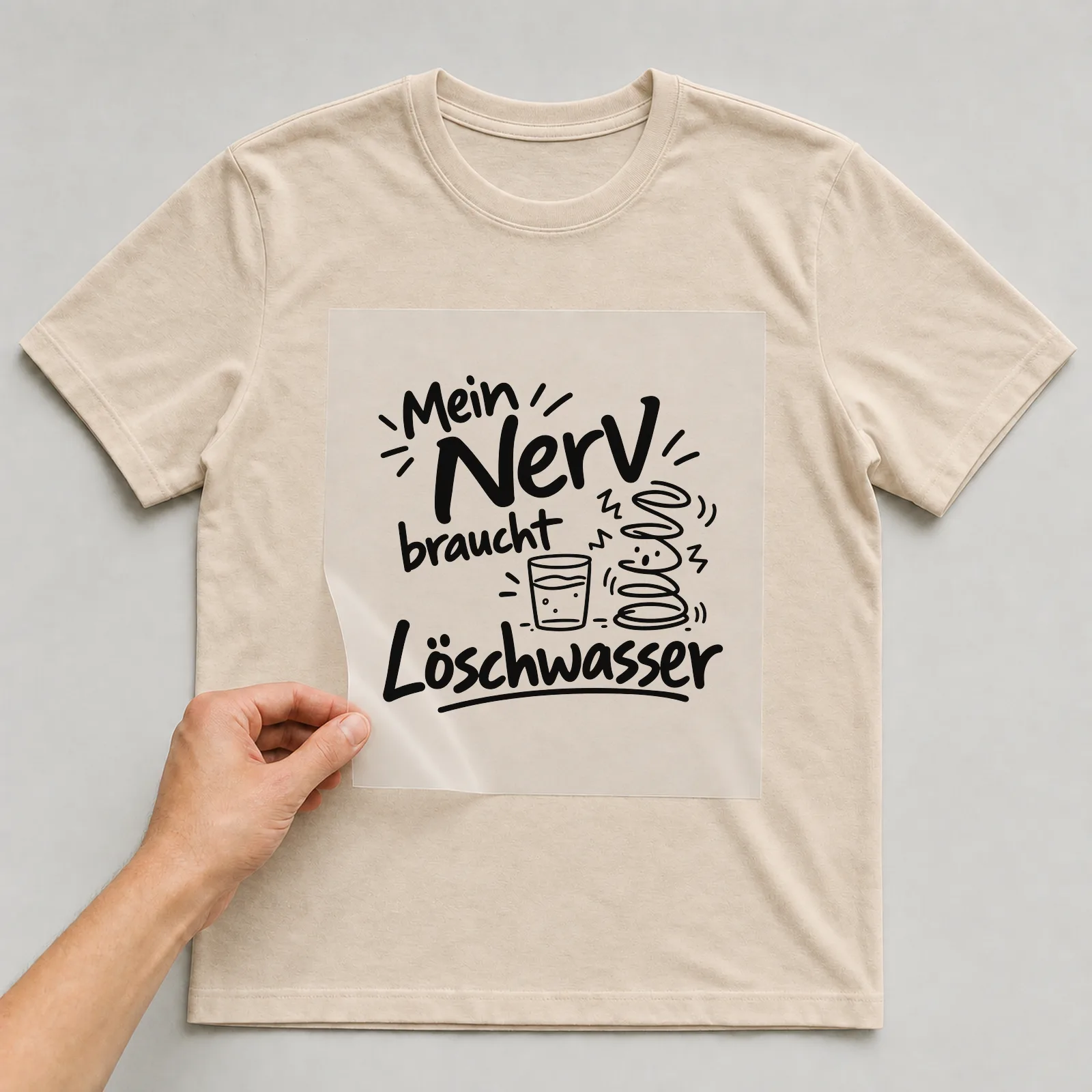 Bügelbild „Mein Nerv braucht Löschwasser“ auf beigem T-Shirt, Folie wird aufgelegt