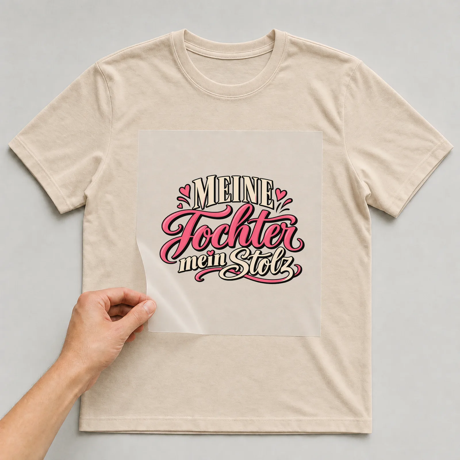 Bügelbild „Meine Tochter, mein Stolz“ auf beigem T-Shirt, Folie wird aufgelegt