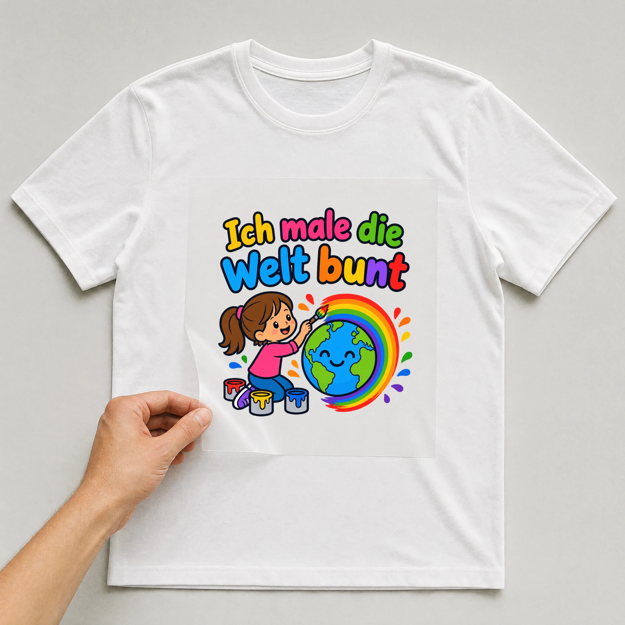 Bügelbild „Ich male die Welt bunt“ auf weißem T-Shirt, Folie wird aufgelegt