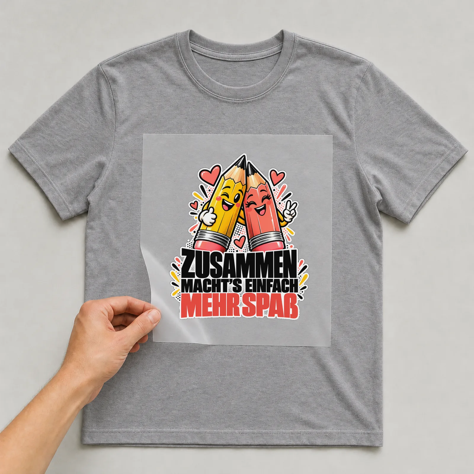 Bügelbild „Zusammen macht’s einfach mehr Spaß“ auf grauem T-Shirt, Folie wird aufgelegt