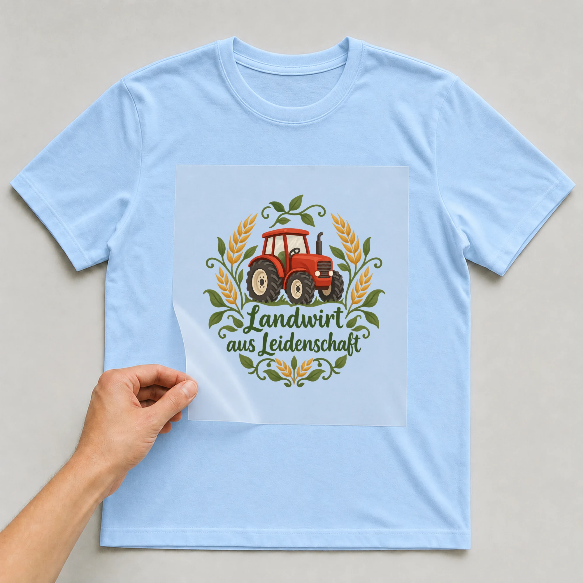 Bügelbild „Landwirt aus Leidenschaft“ auf babyblauem T-Shirt, Folie wird aufgelegt