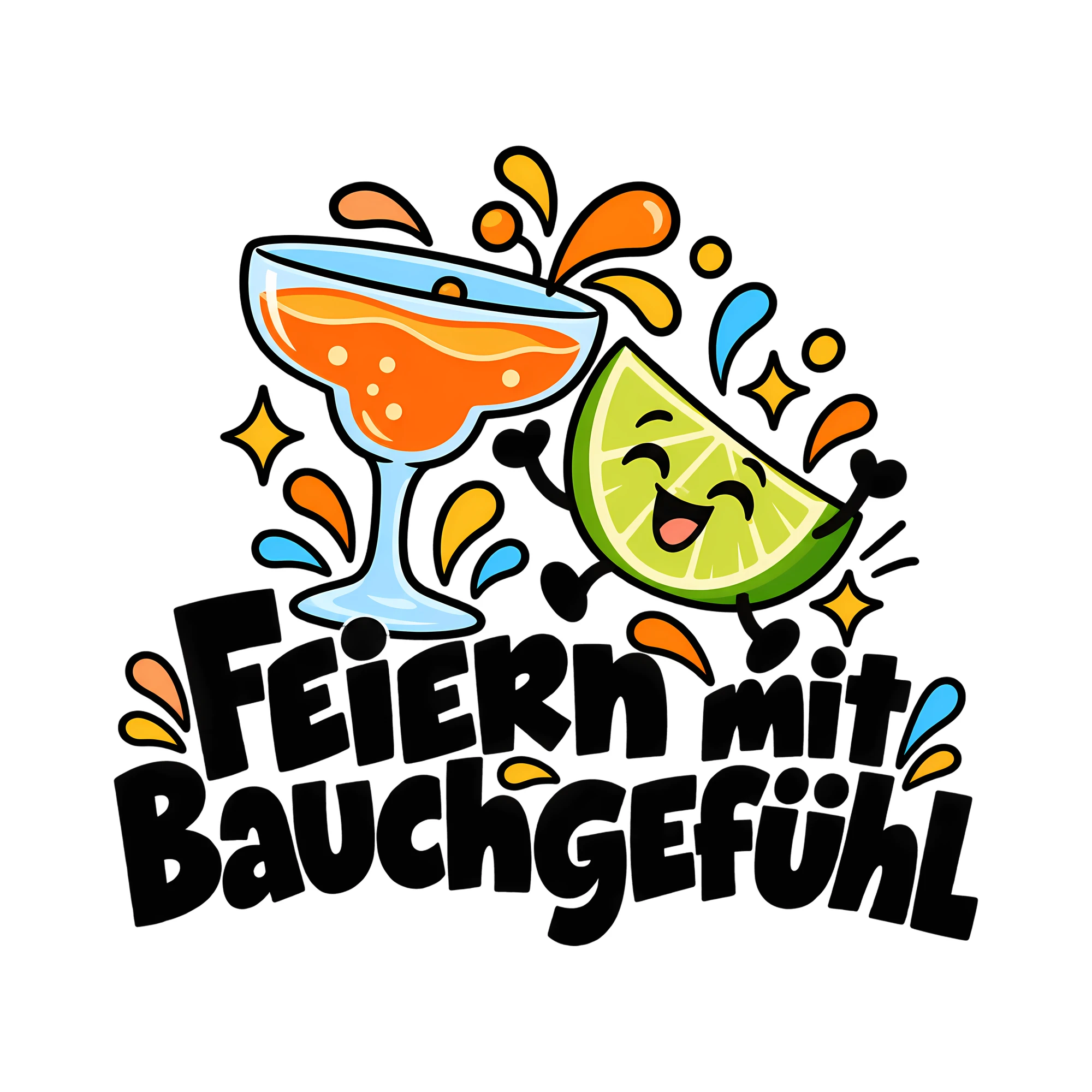 Bügelbild FEIERN mit BAUCHGEFÜHL als Grafik auf weißem Hintergrund (BB011914)