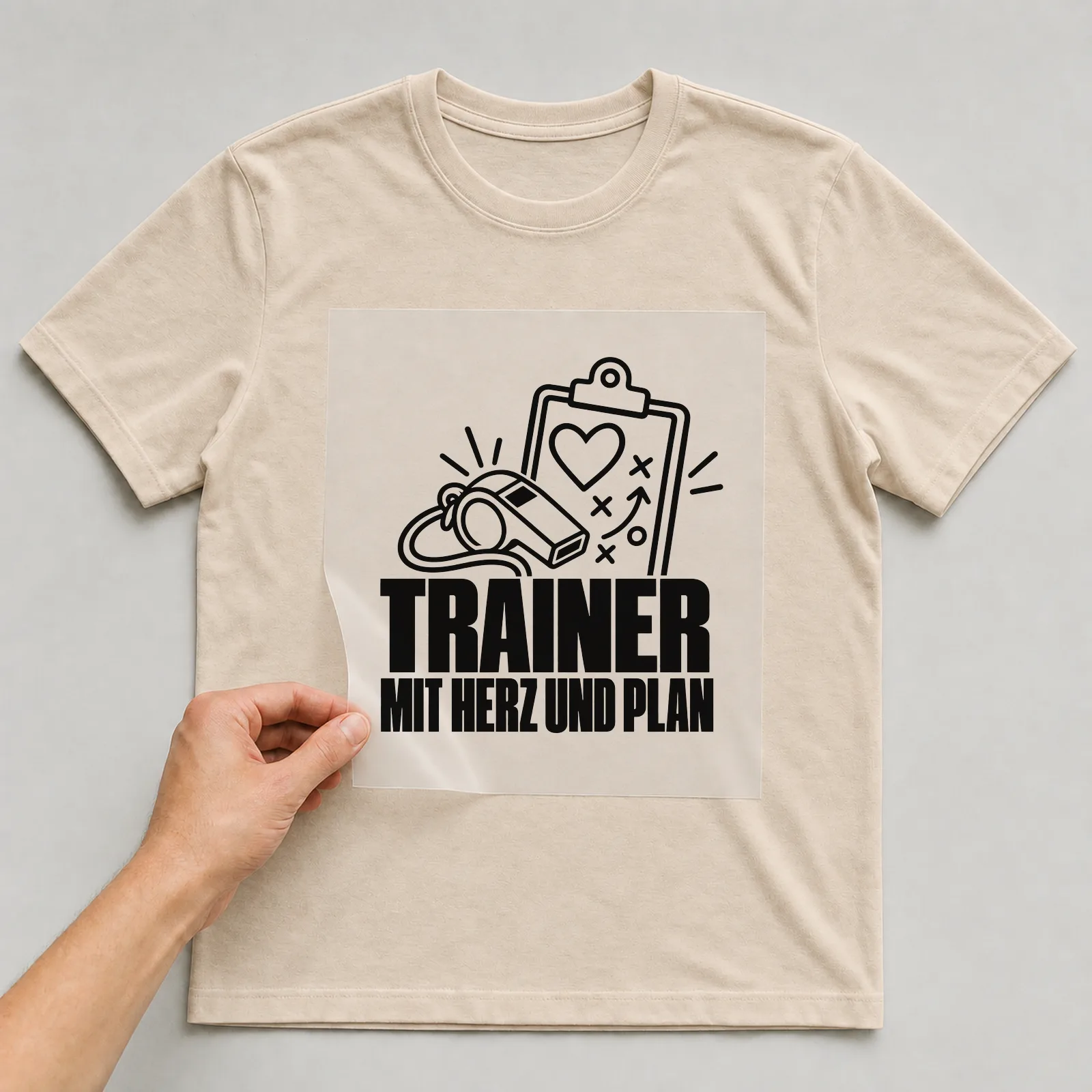 Bügelbild „Trainer mit Herz und Plan“ auf beigem T-Shirt, Folie wird aufgelegt